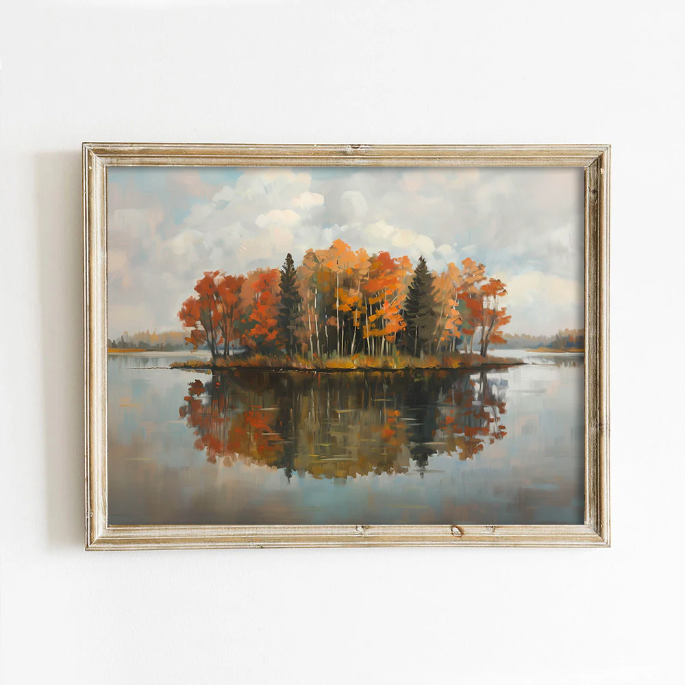 Autumn Tree Island on Lake Art Print