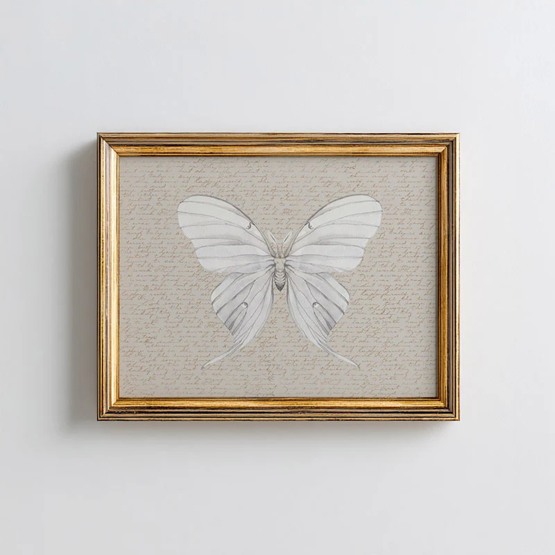 Butterfly On Beige Script Background Art Print