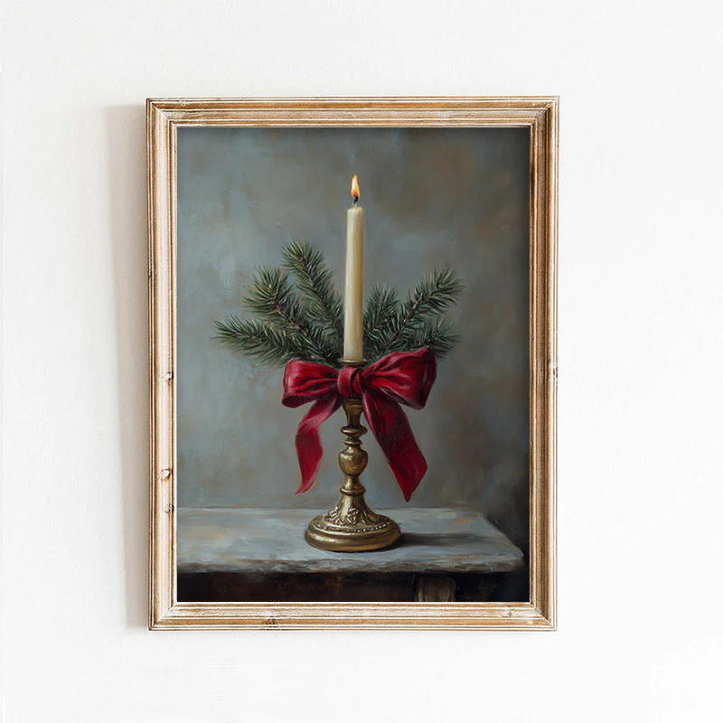 Candlestick With Velvet Bow Christmas Art Print
