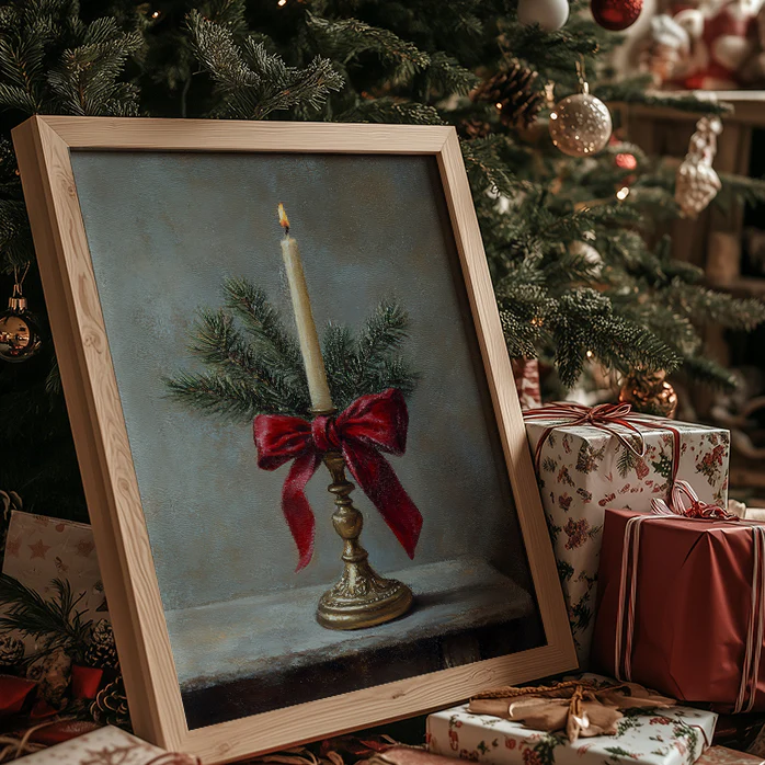Candlestick With Velvet Bow Christmas Art Print - Image 2