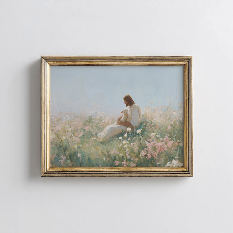 Christ & Lamb in Flowers Are Print