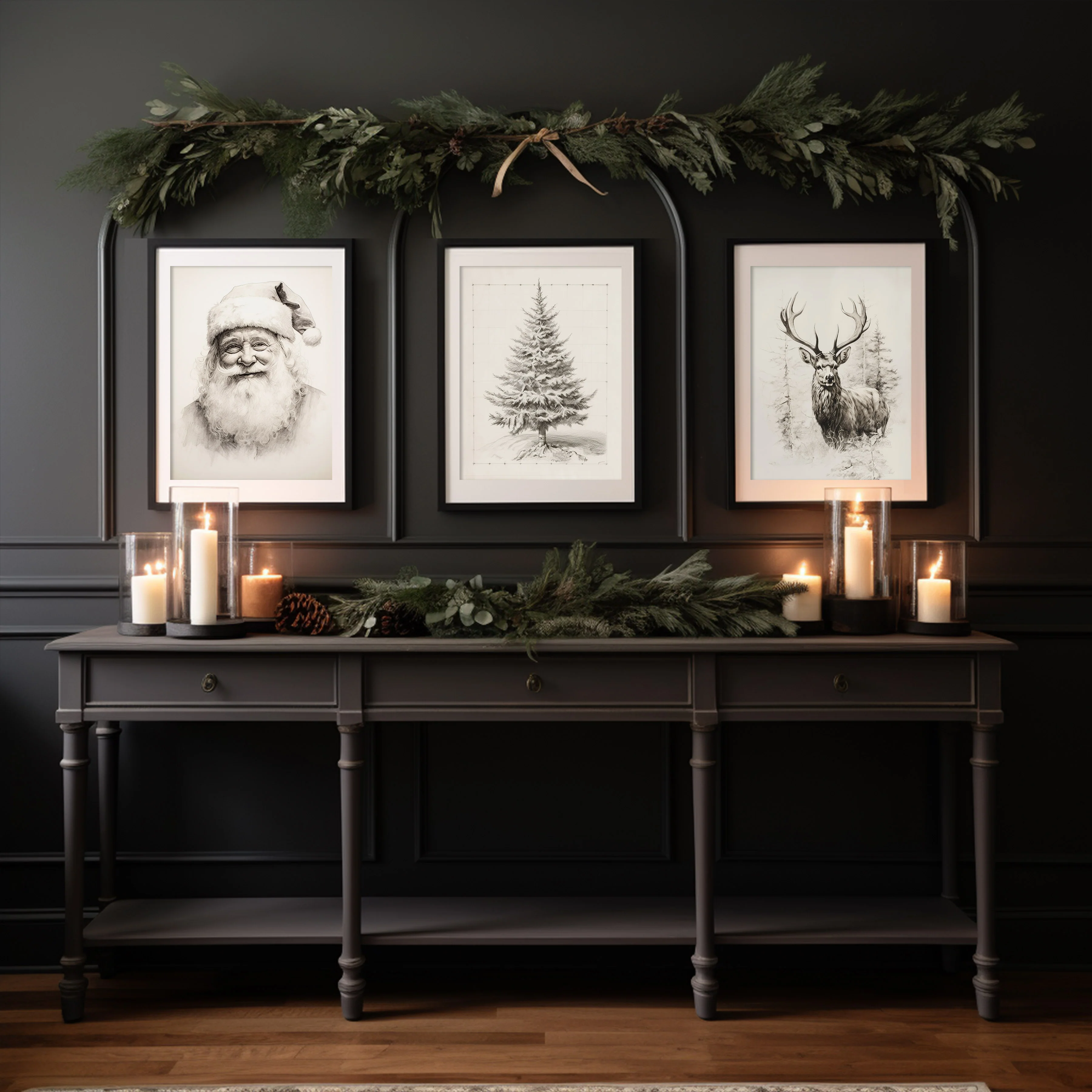 Christmas Santa, Deer, and Tree Vintage Sketches Set of Three Art Prints