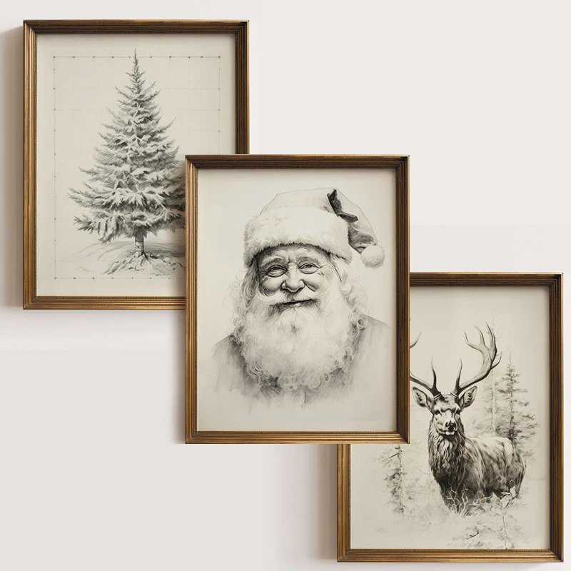 Christmas Santa, Deer, and Tree Vintage Sketches Set of Three Art Prints - Image 2