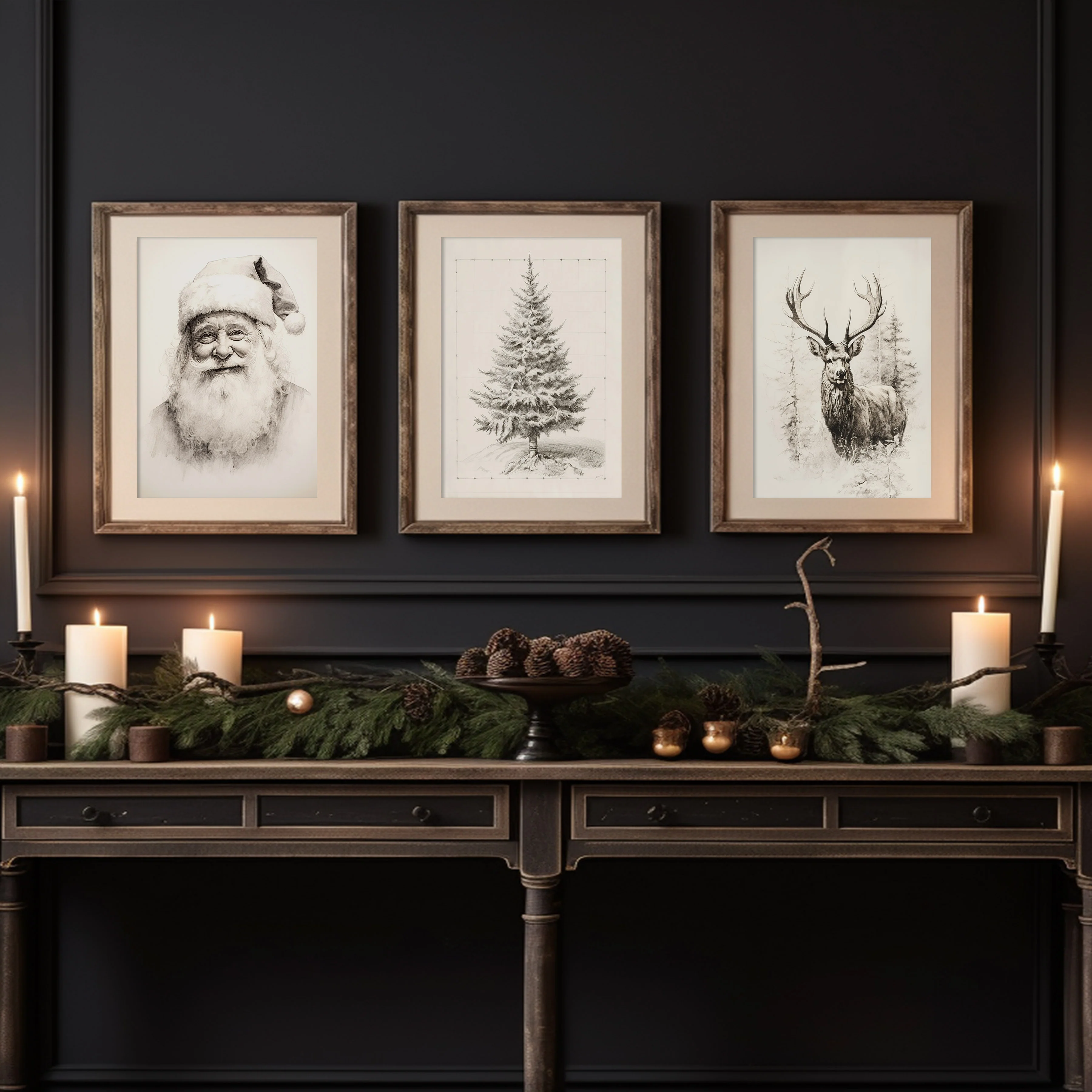 Christmas Santa, Deer, and Tree Vintage Sketches Set of Three Art Prints - Image 3
