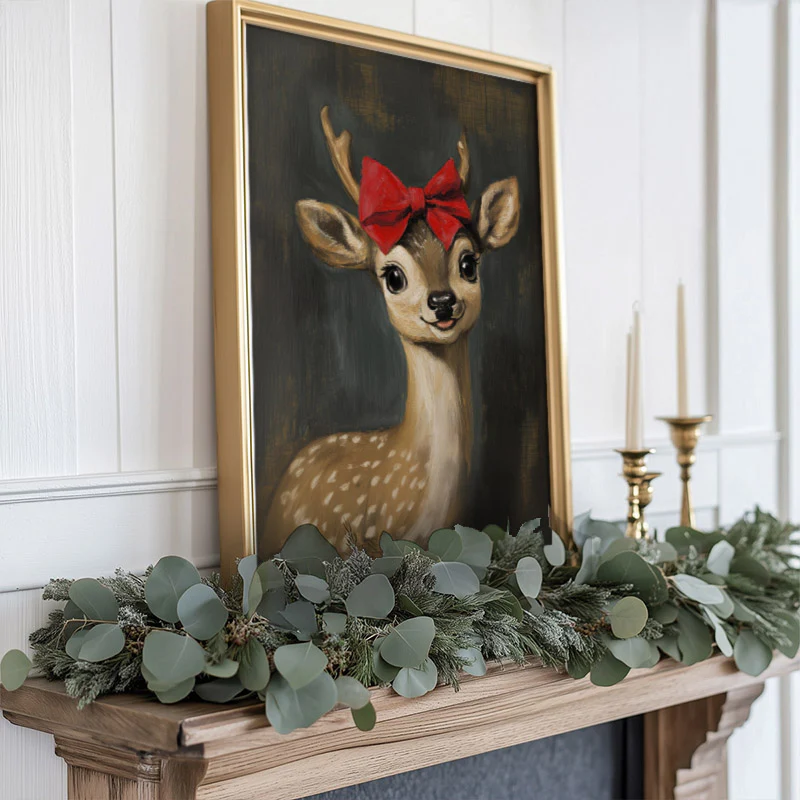 Clarice Reindeer With Bow Portrait Art Print - Image 3