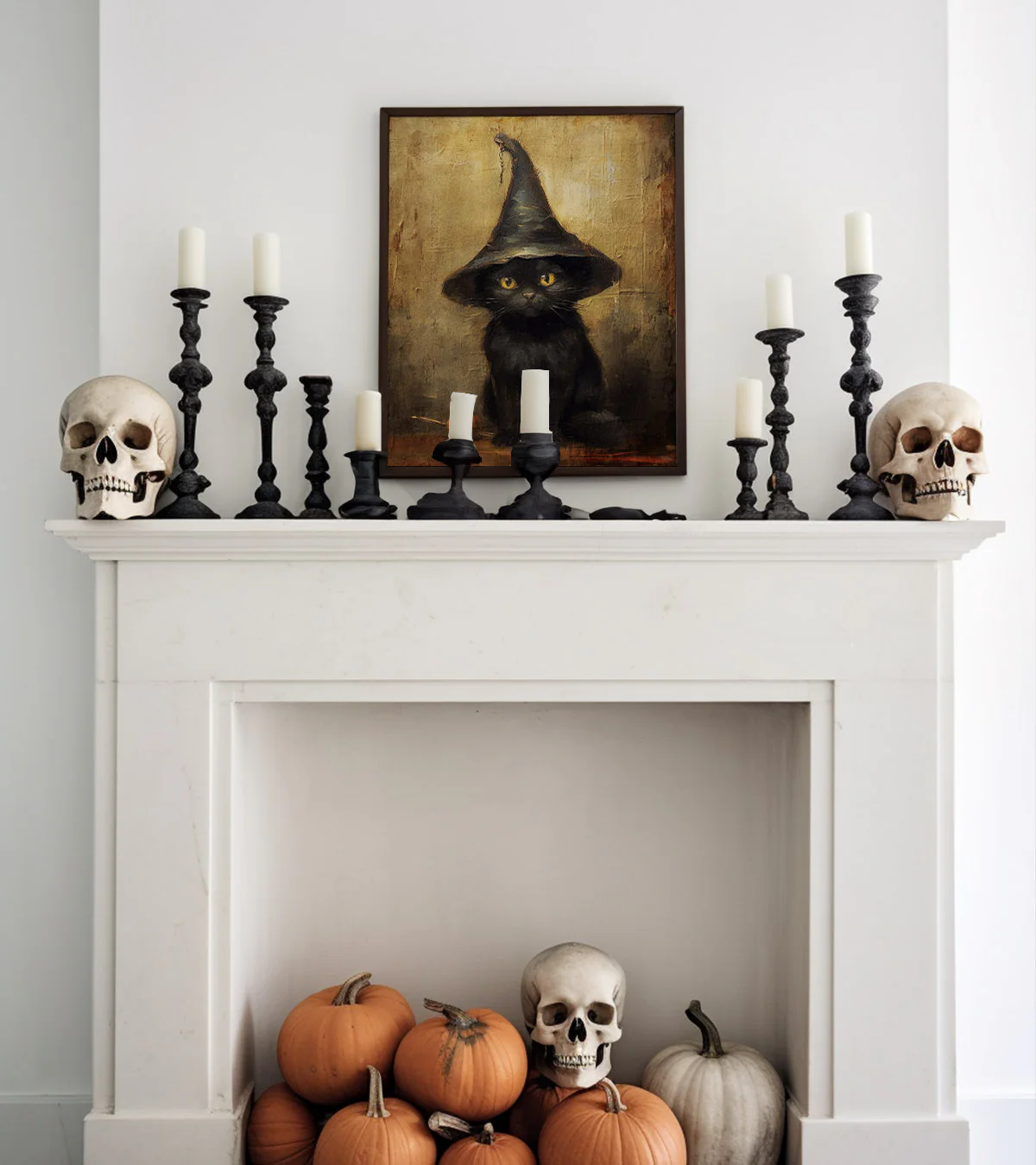 Black Cat in Witch Hat Halloween Art Print - Image 3