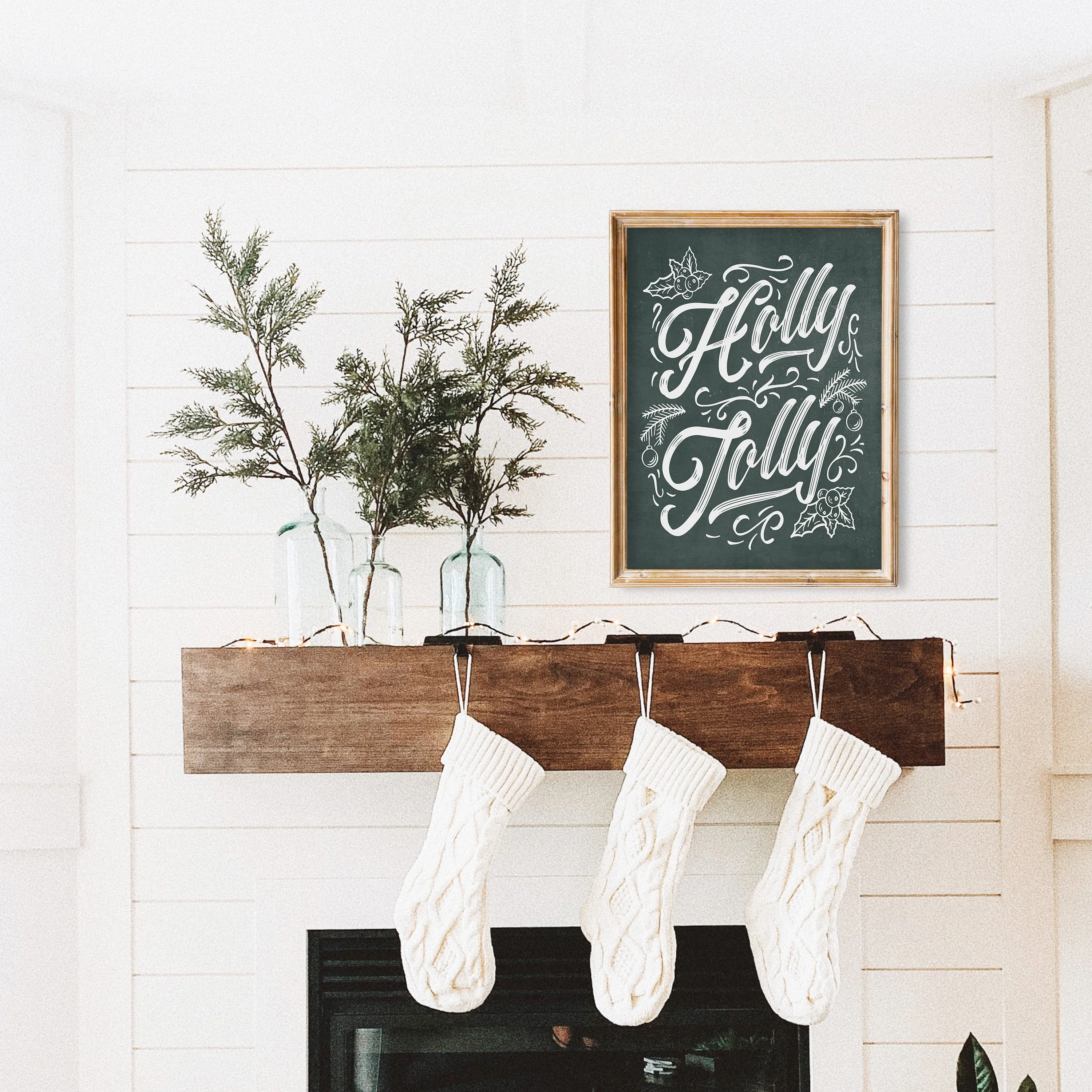 Green Chalkboard Holly Jolly Christmas Art Print