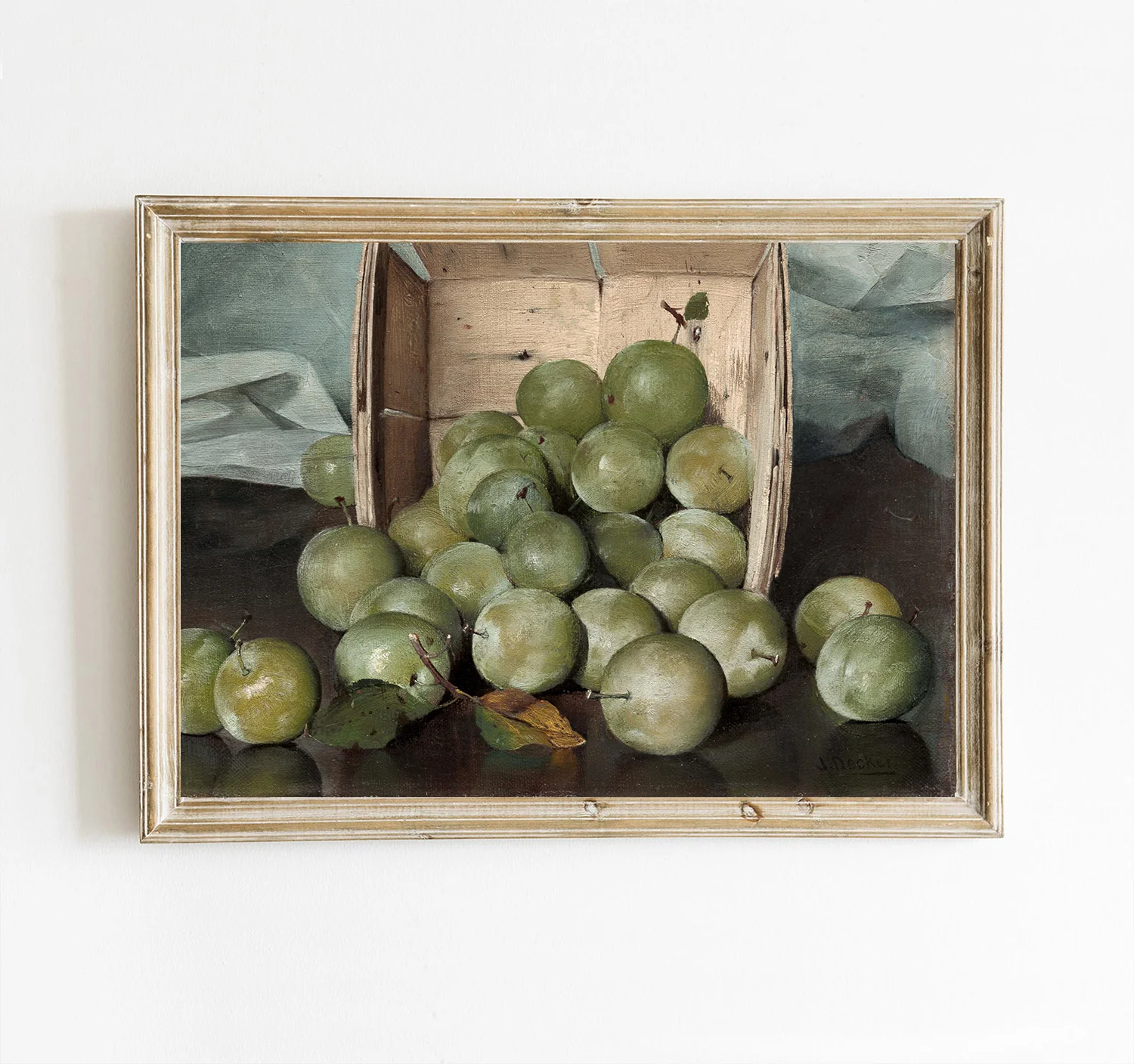 Green Apples in Basket Vintage Autumn Art Print