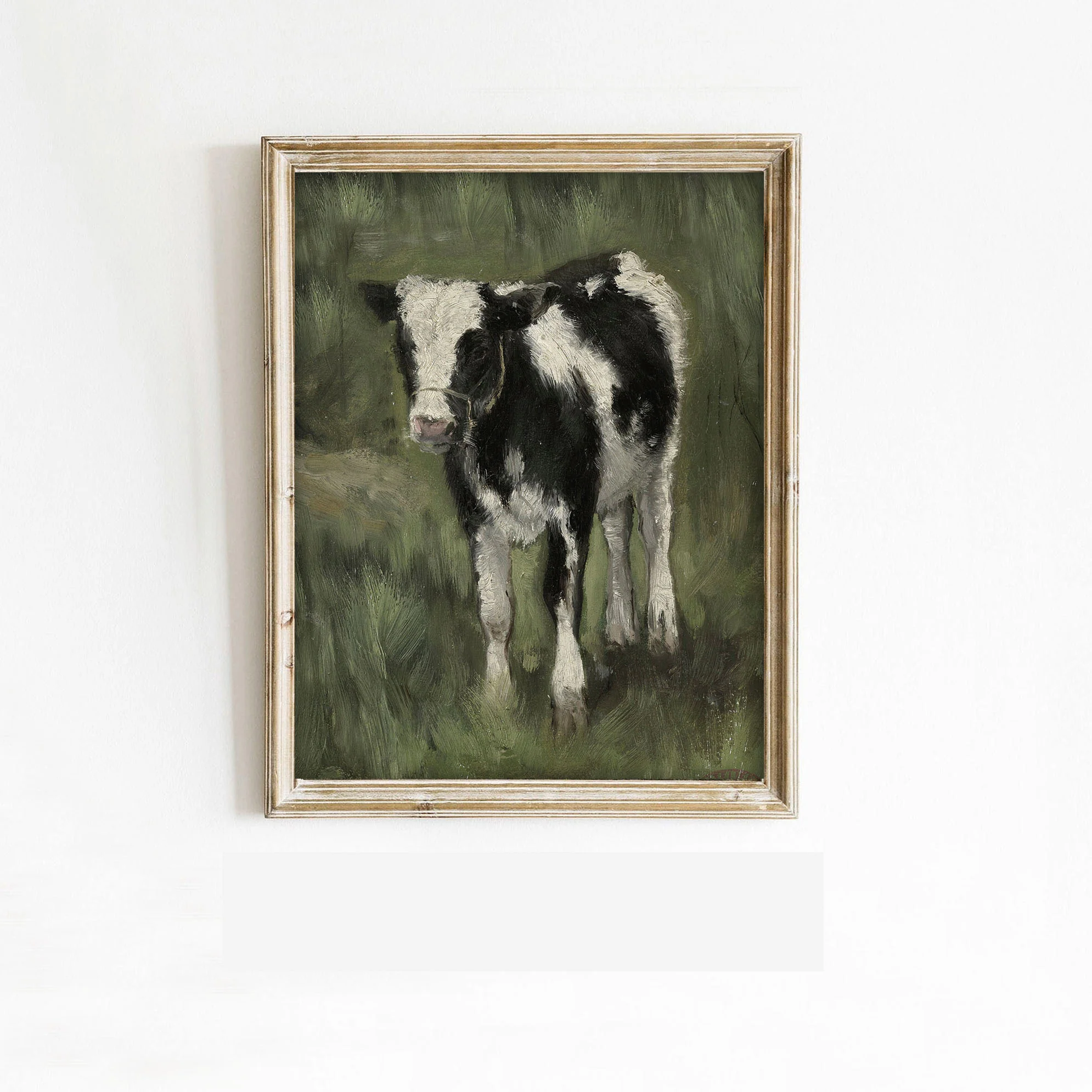 Vintage Baby Calf in Field Painting rt Print - Image 2