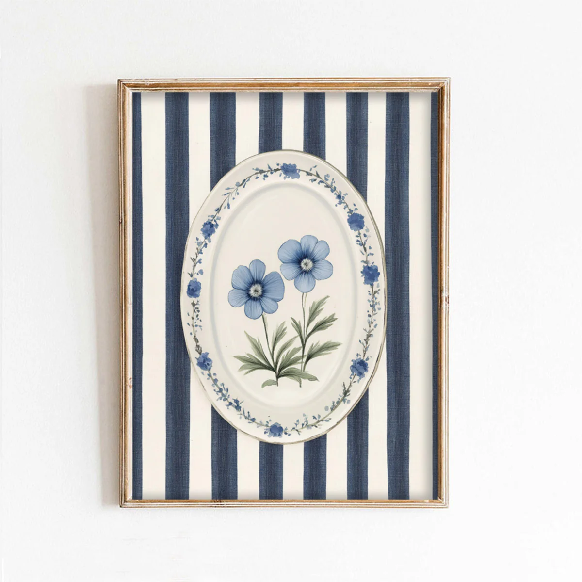 Cottage Blue Flowers with Striped Navy Background Art Print