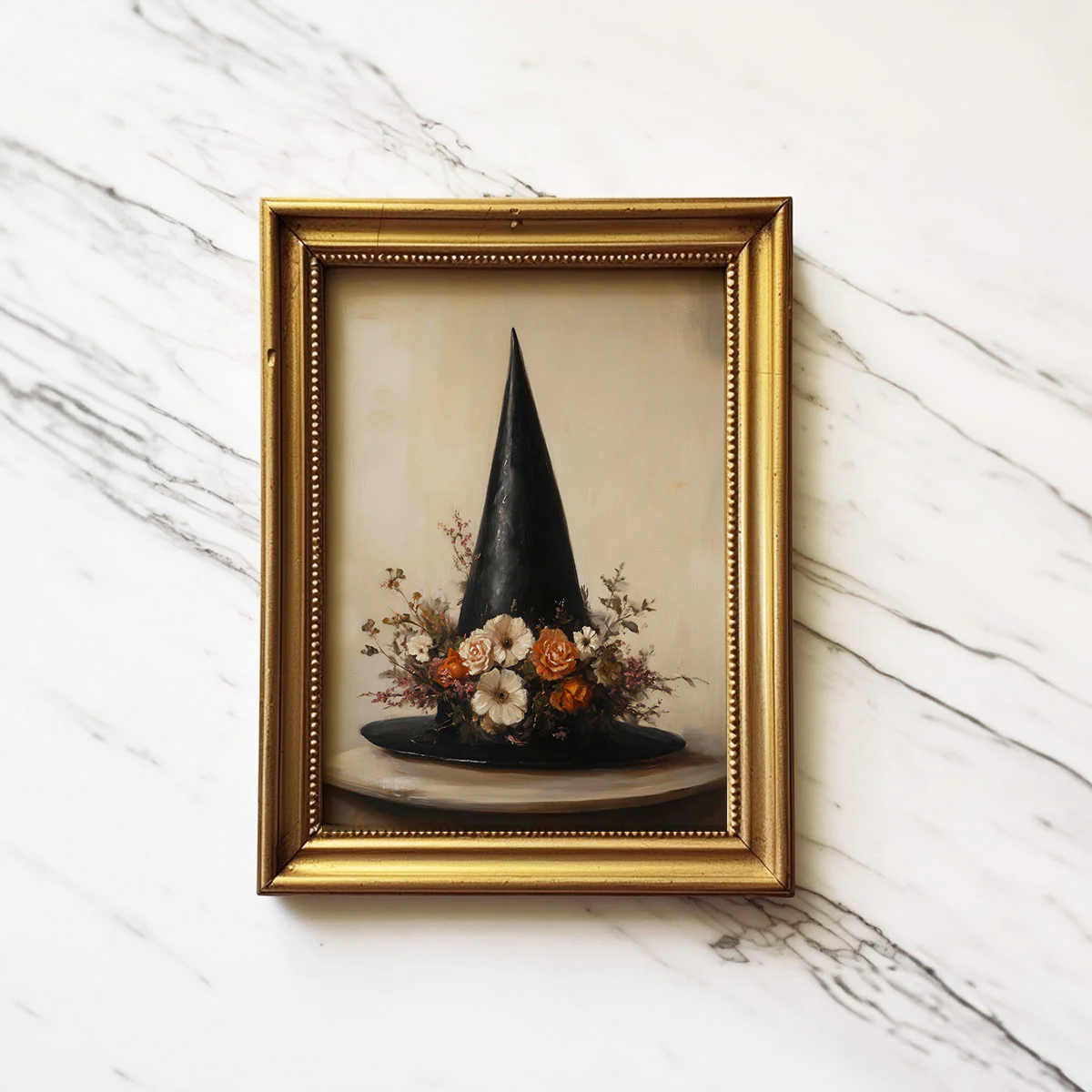 Flower Topped Witch Hat on Cream Background Art Print