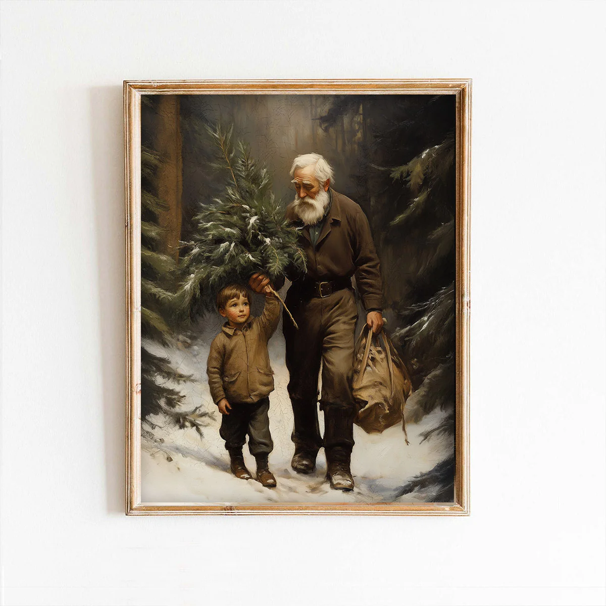 Grandfather & Grandson Walking In Snow Art Print