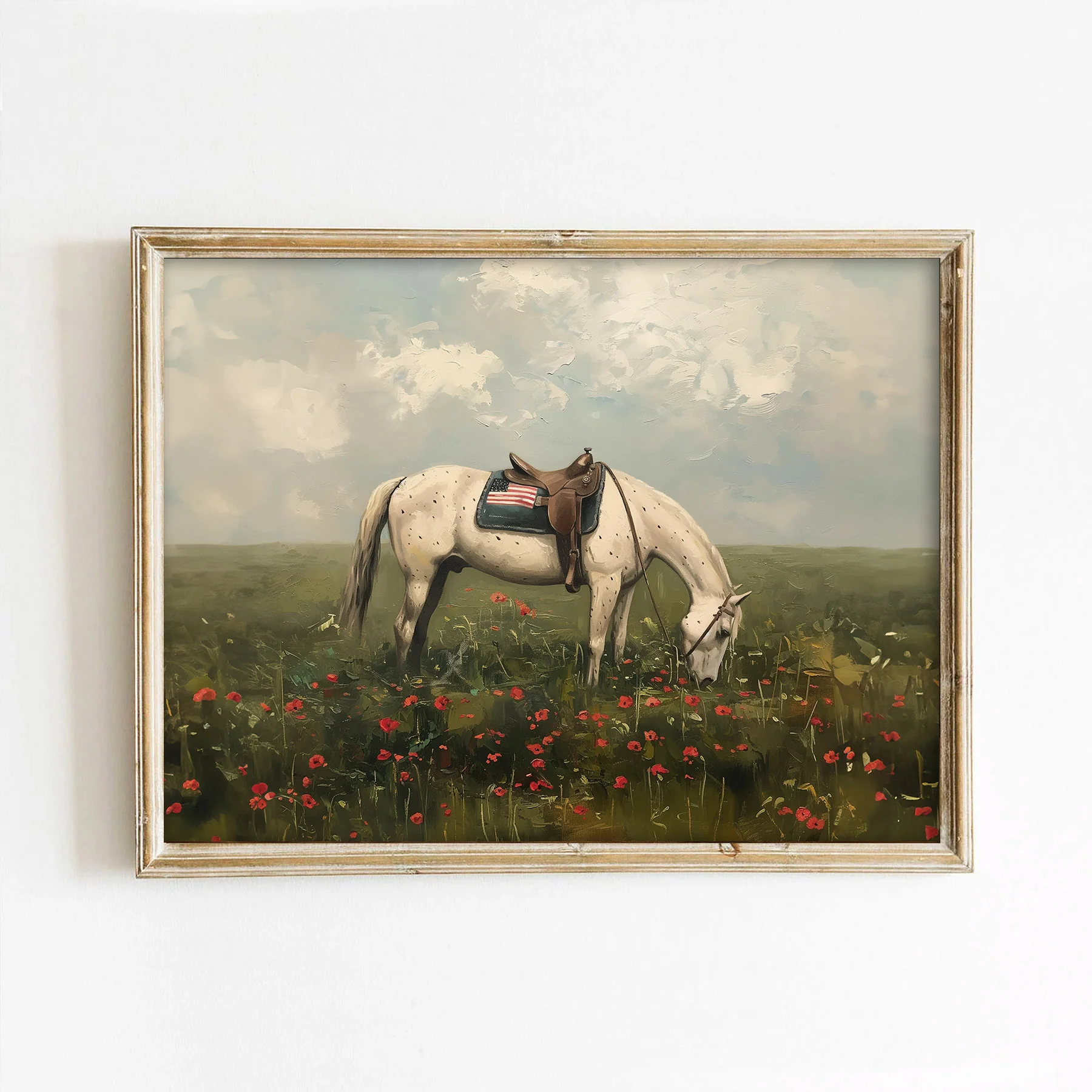 Grazing White Horse In Poppy Field Art Print - Image 2