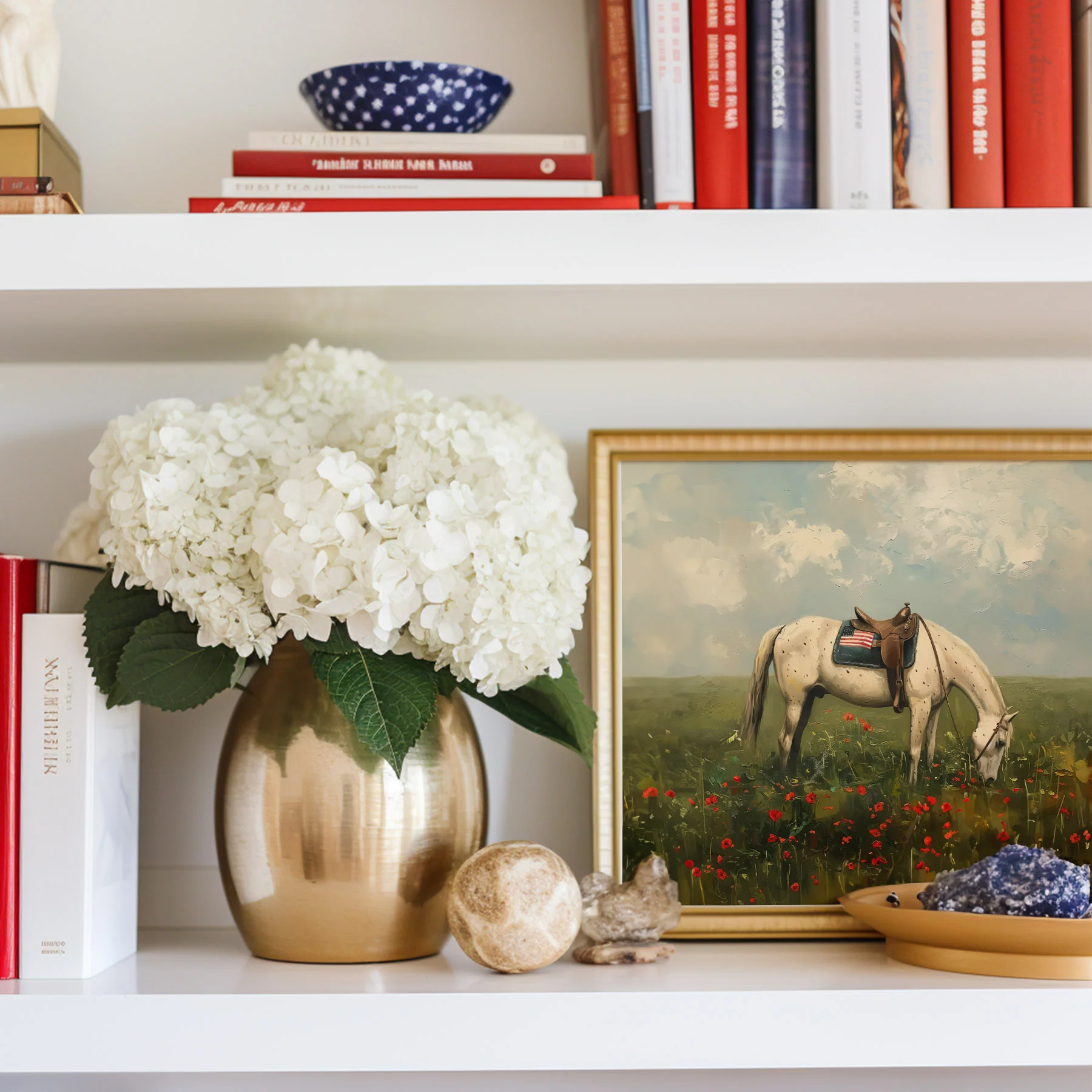 Grazing White Horse In Poppy Field Art Print - Image 3