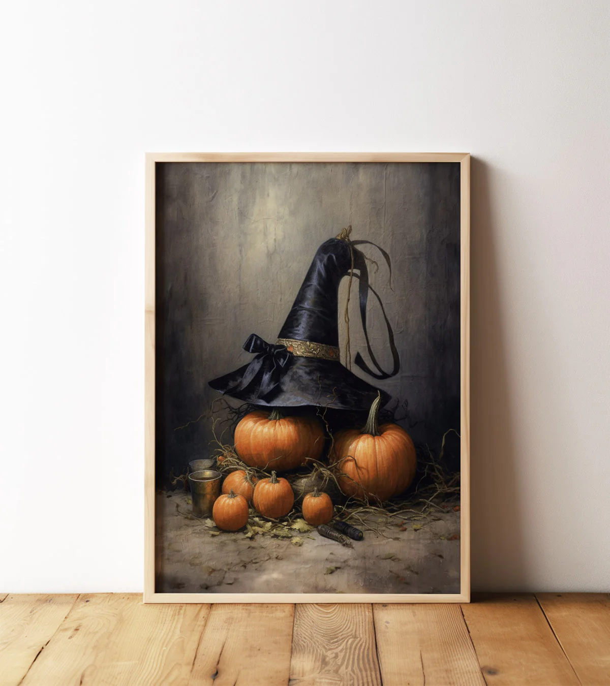 Halloween Witch Hat on Pumpkins Art Print