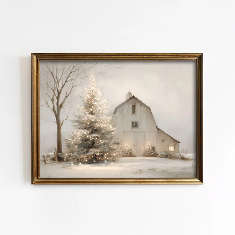 Homestead White Barn Christmas Art Print