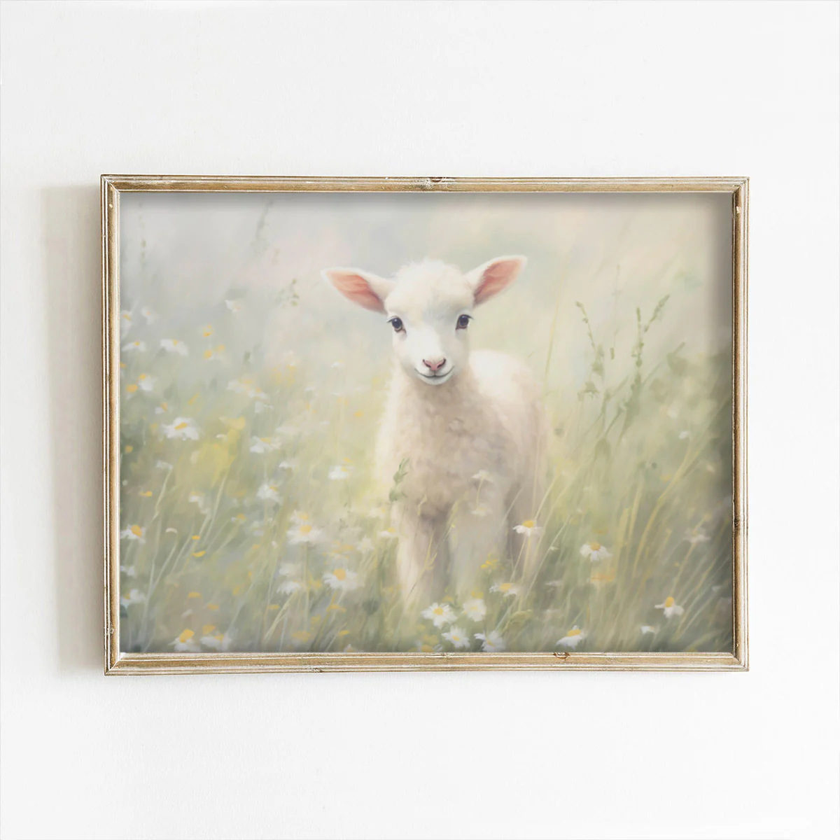 Horizontal Pastel Spring Lamb With Greenery Background Art Print