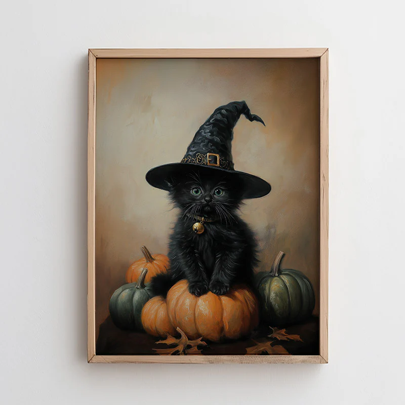 Kitten Sitting On Pumpkins With Witch Hat Art Print