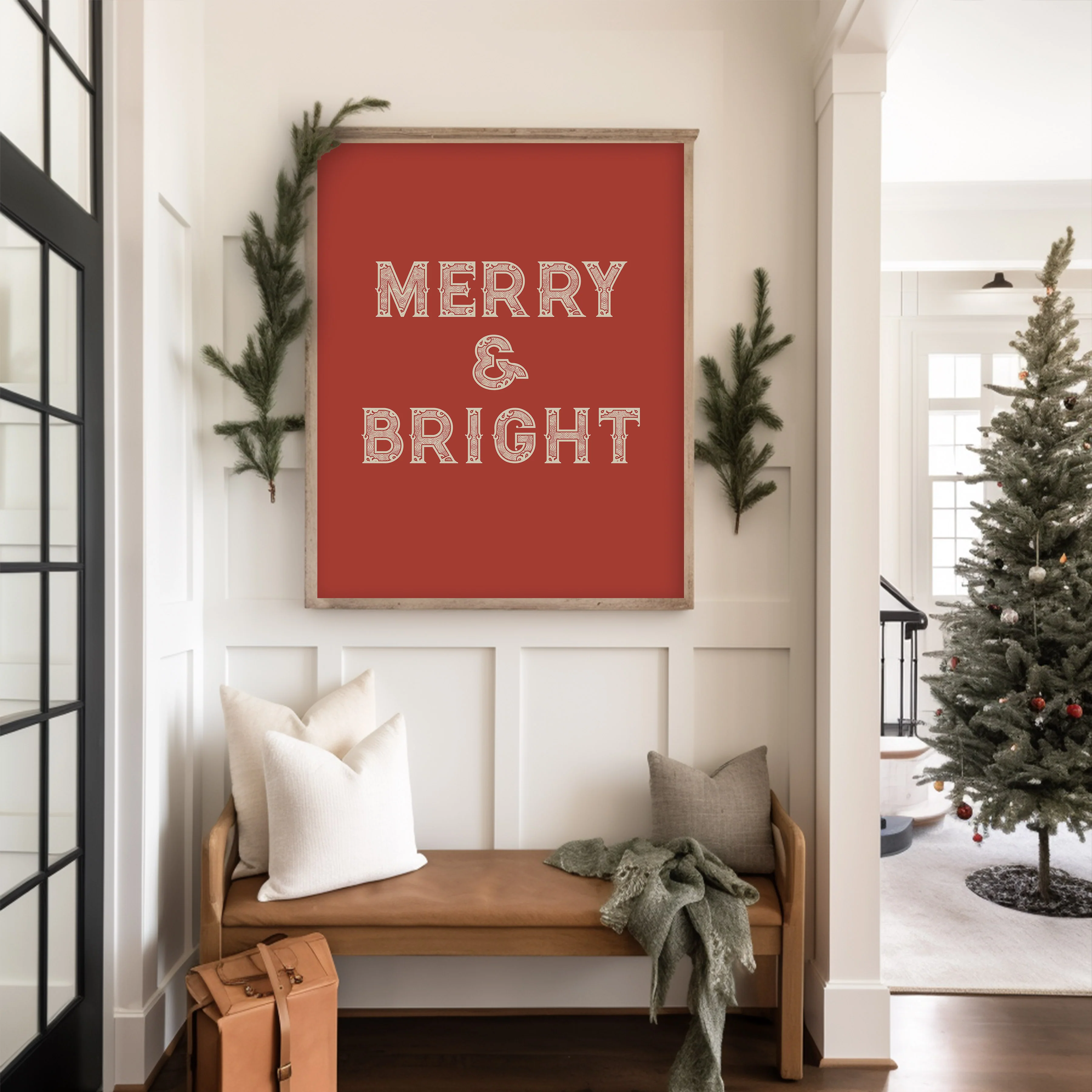 Merry & Bright on Red Christmas Holiday Art Print