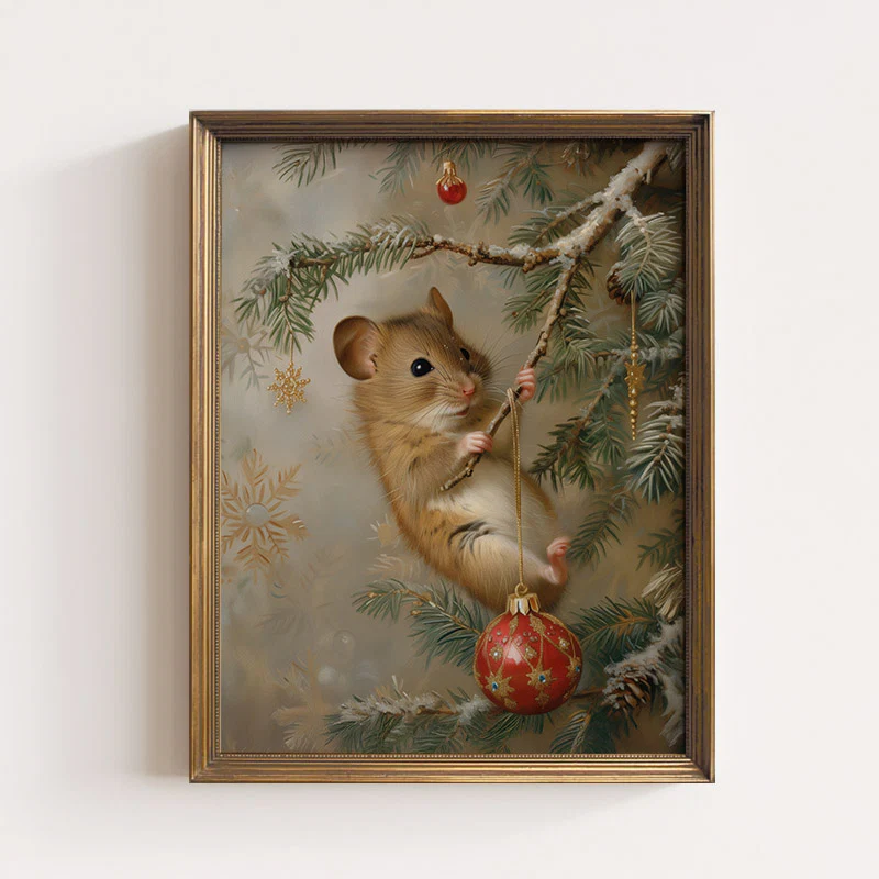 Mischievous Mouse On Christmas Branch Art Print