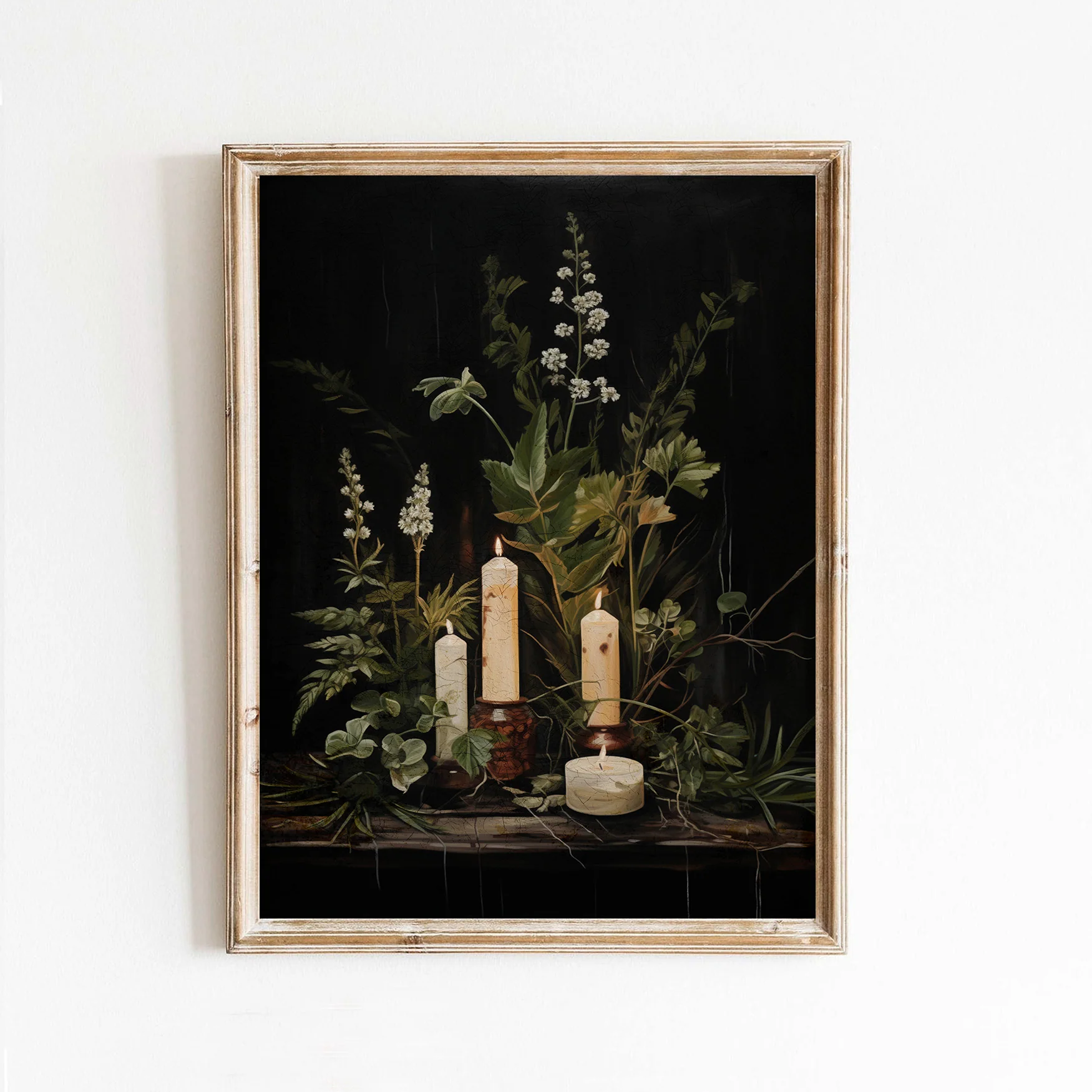 Moody Candles & Forest Greenery Against Black Art Print