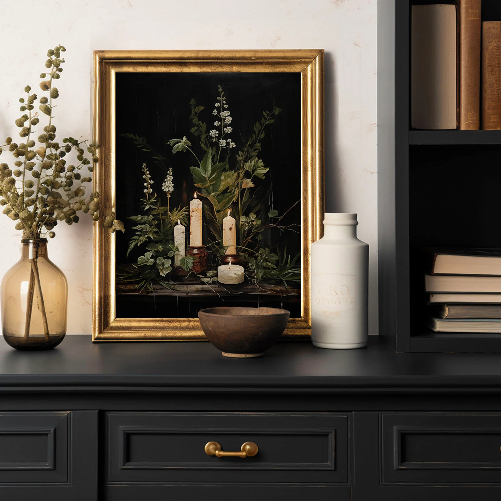 Moody Candles & Forest Greenery Against Black Art Print - Image 3