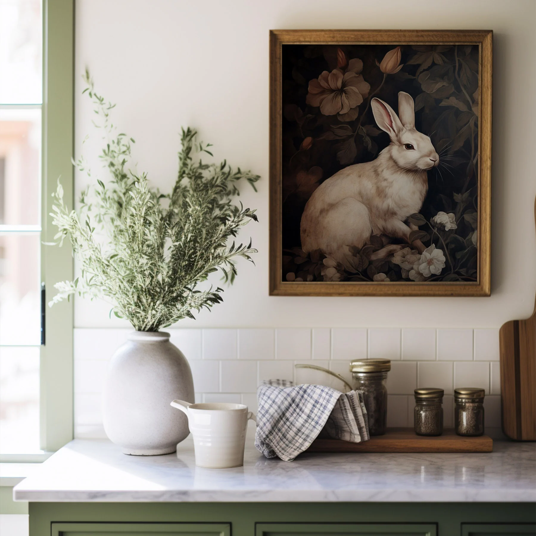 Moody Victorian Bunny on Dark Background Art Print