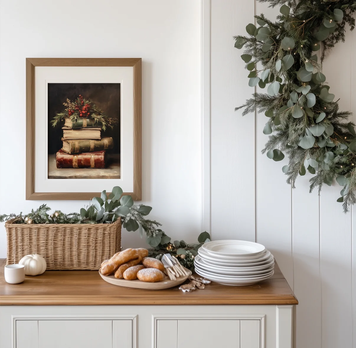 Muted Victorian Christmas Books With Holly Art Print - Image 2