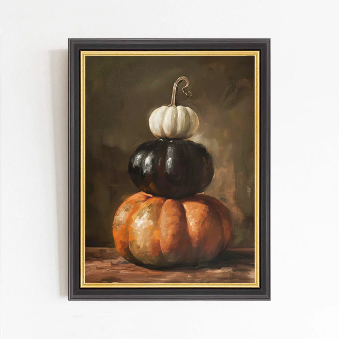 Orange, Black, and White Stacked Pumpkins Art Print