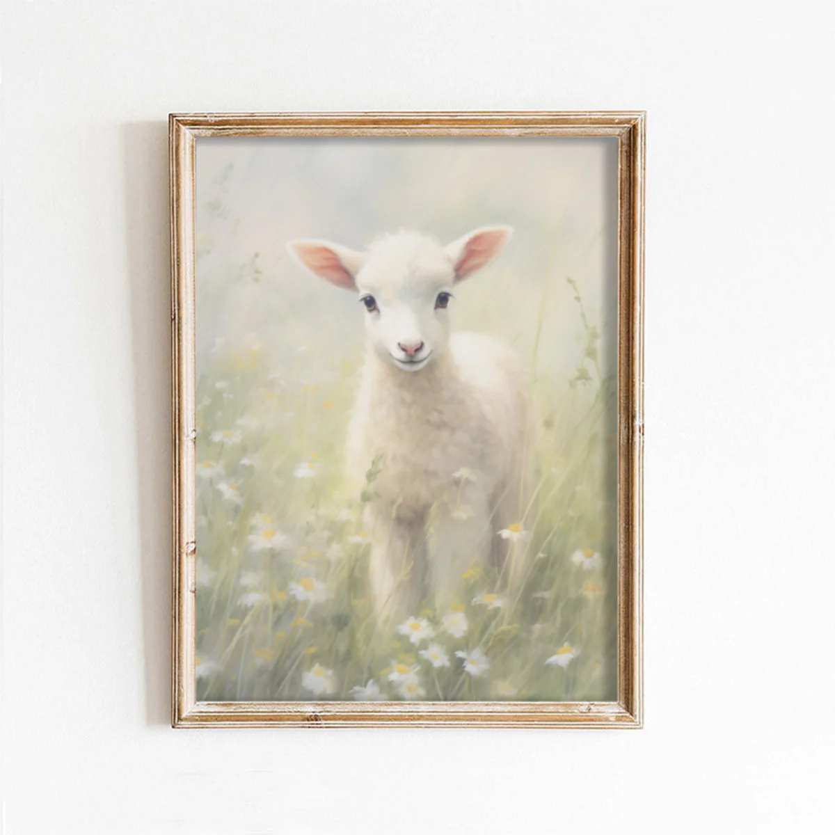 Pastel Spring Lamb With Greenery Background Art Print