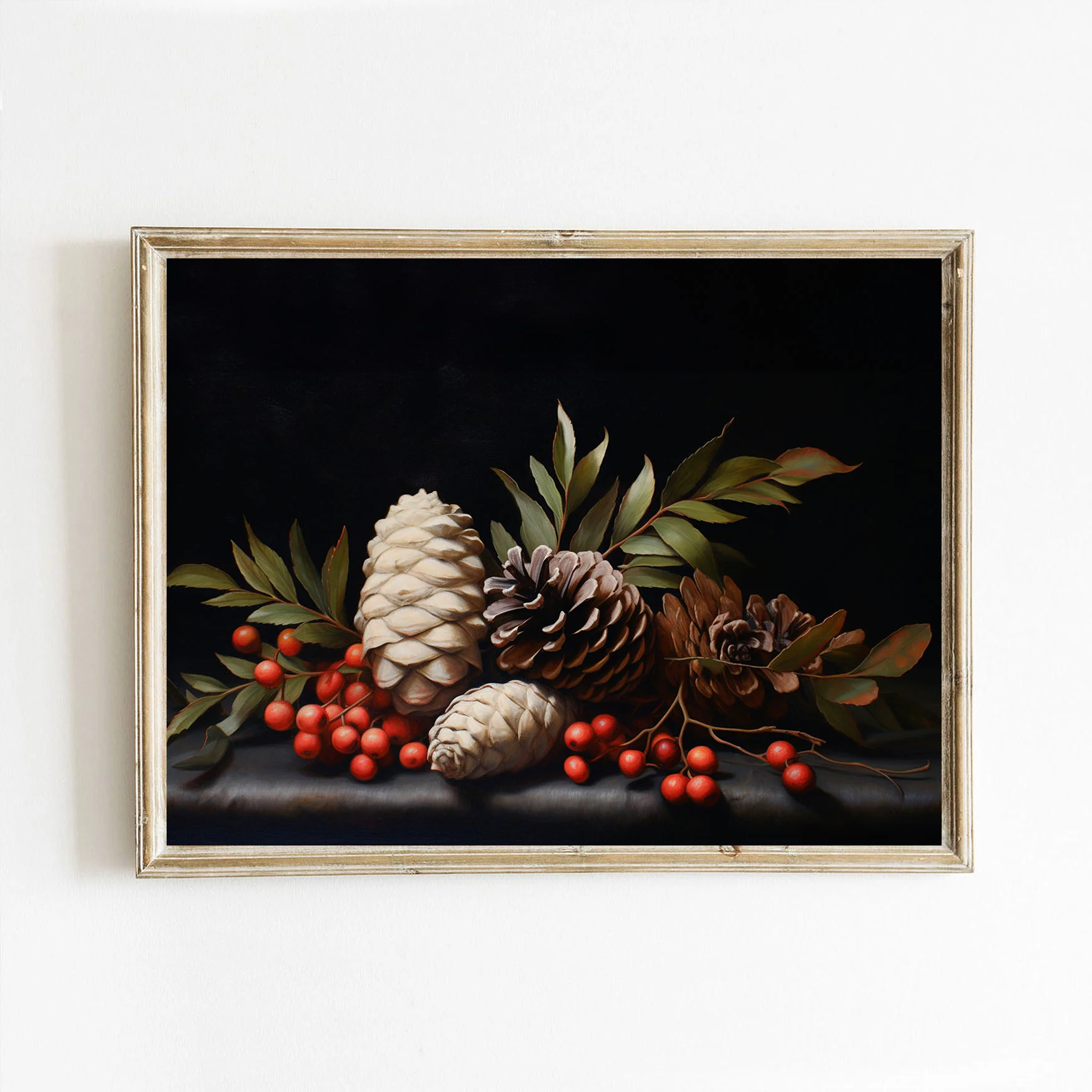 Pine Cones on Black Christmas Art Print