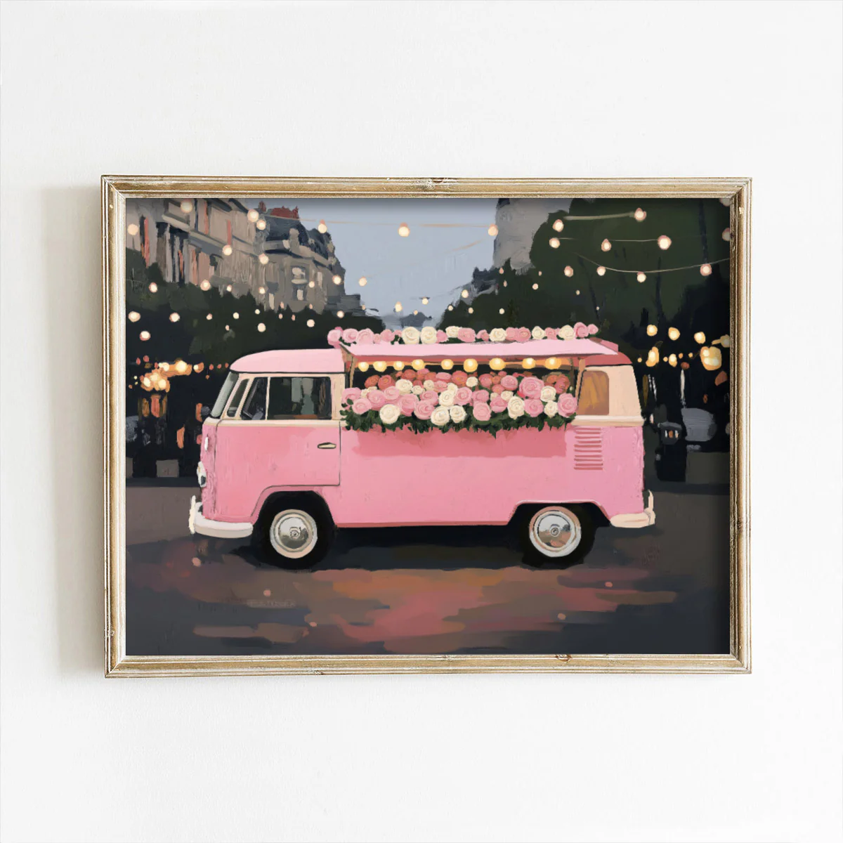 Pink Bus With Roses & Lights Art Print