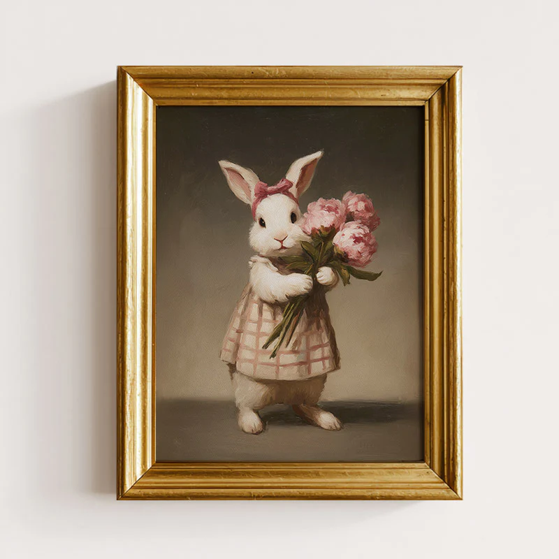 Prairie Bunny Holding Bouquet Of Peonies Art Print