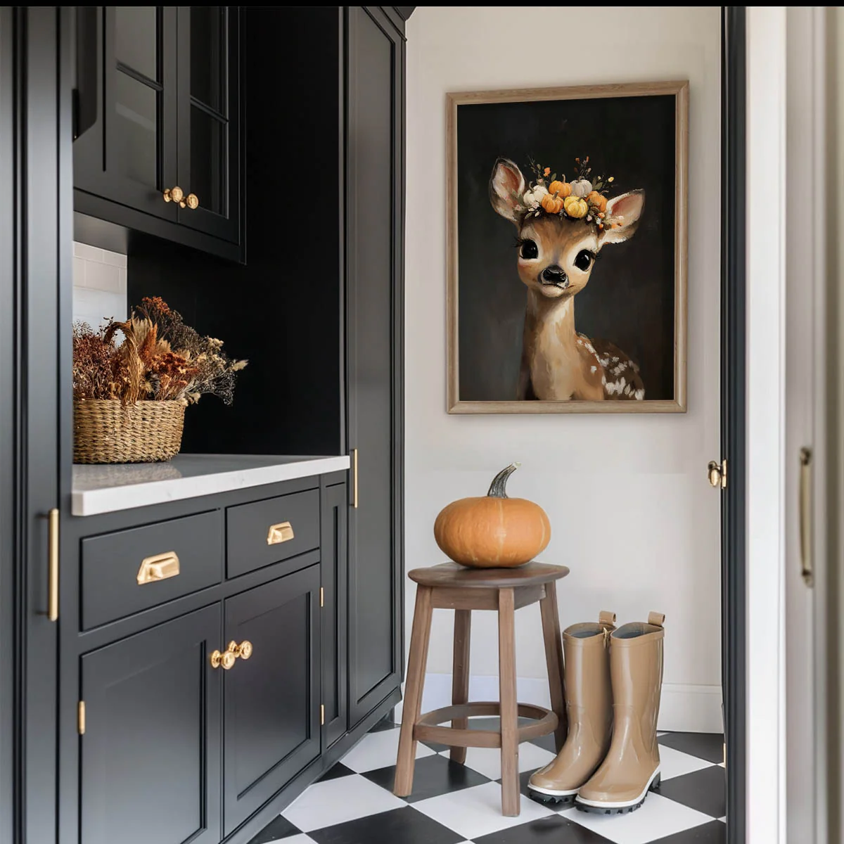 Autumn Deer With Pumpkin Crown Art Print - Image 2