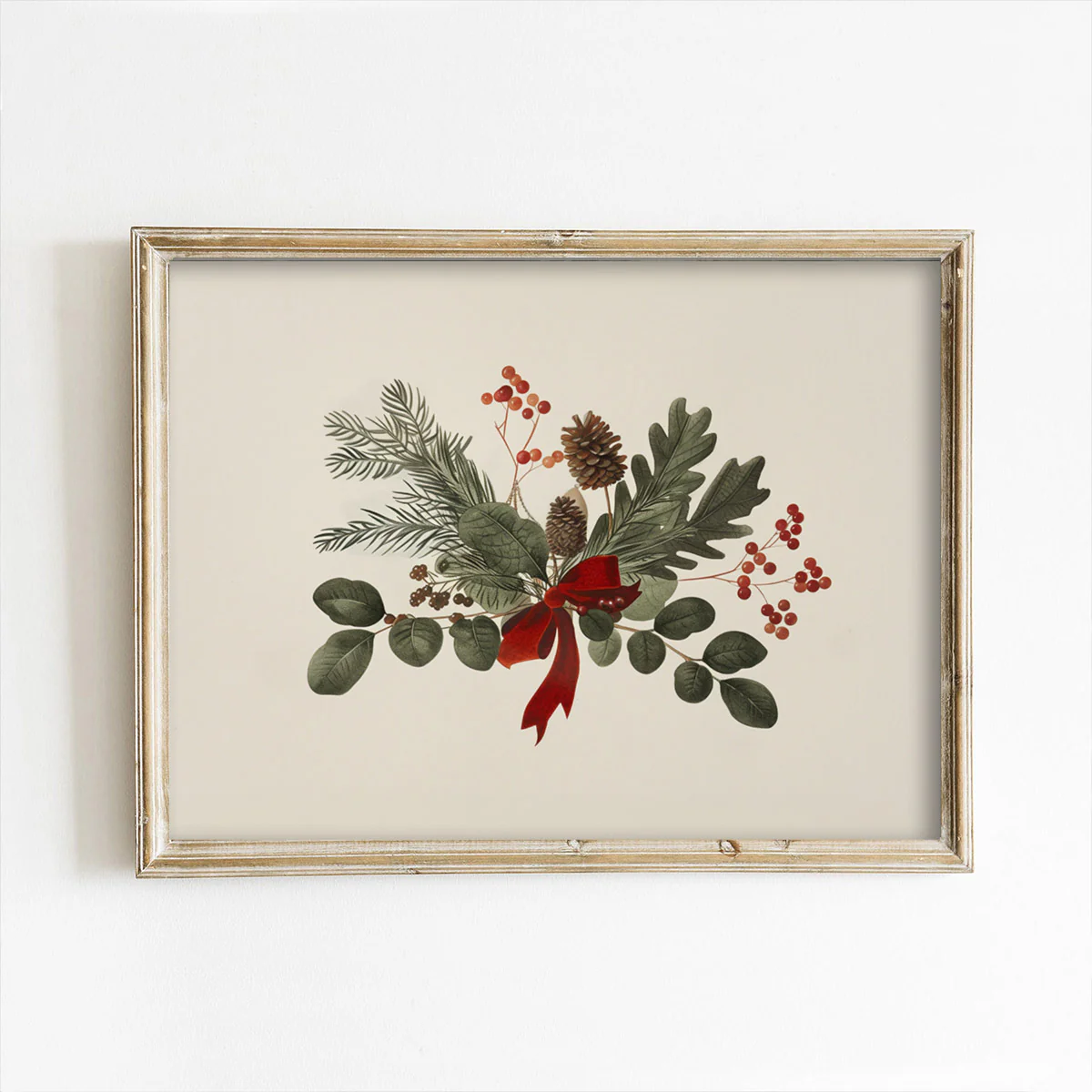 Red Bow Foliage on Beige Christmas Art Print