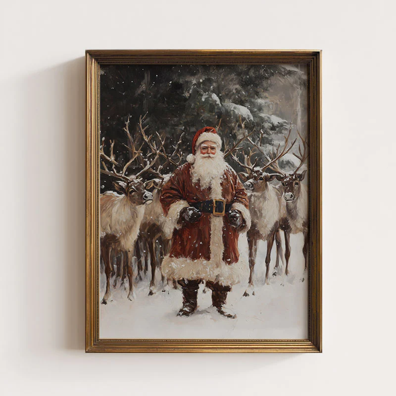 Reindeer Crew With Santa Art Print
