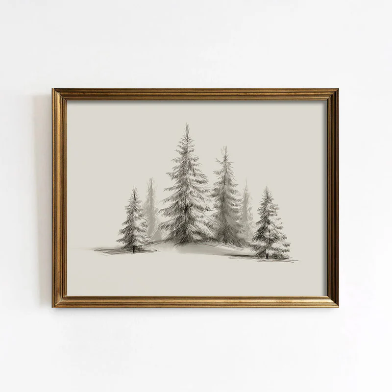 Sketched Cedar Trees Art Print