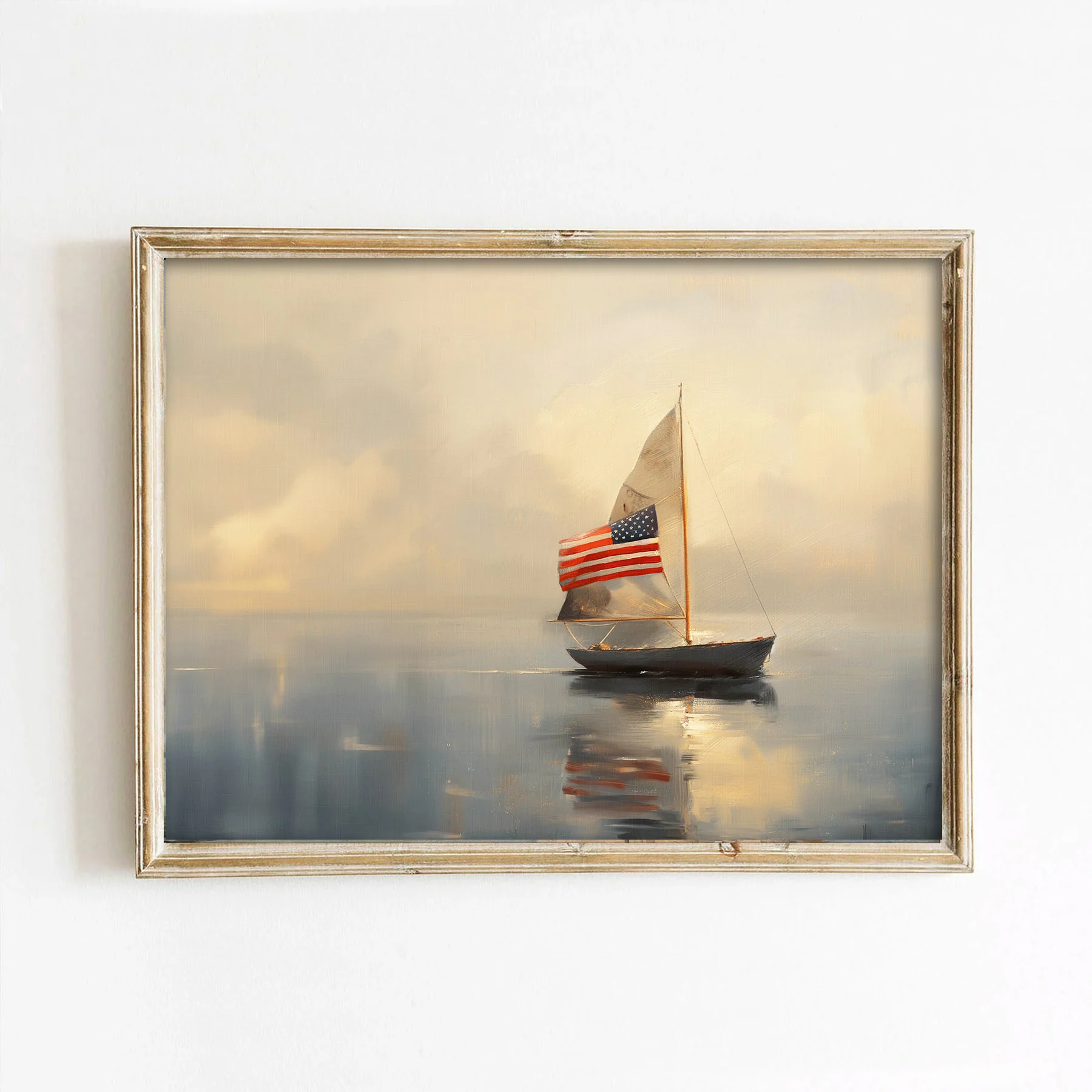 Sloop Sailboat With American Flag Art Print
