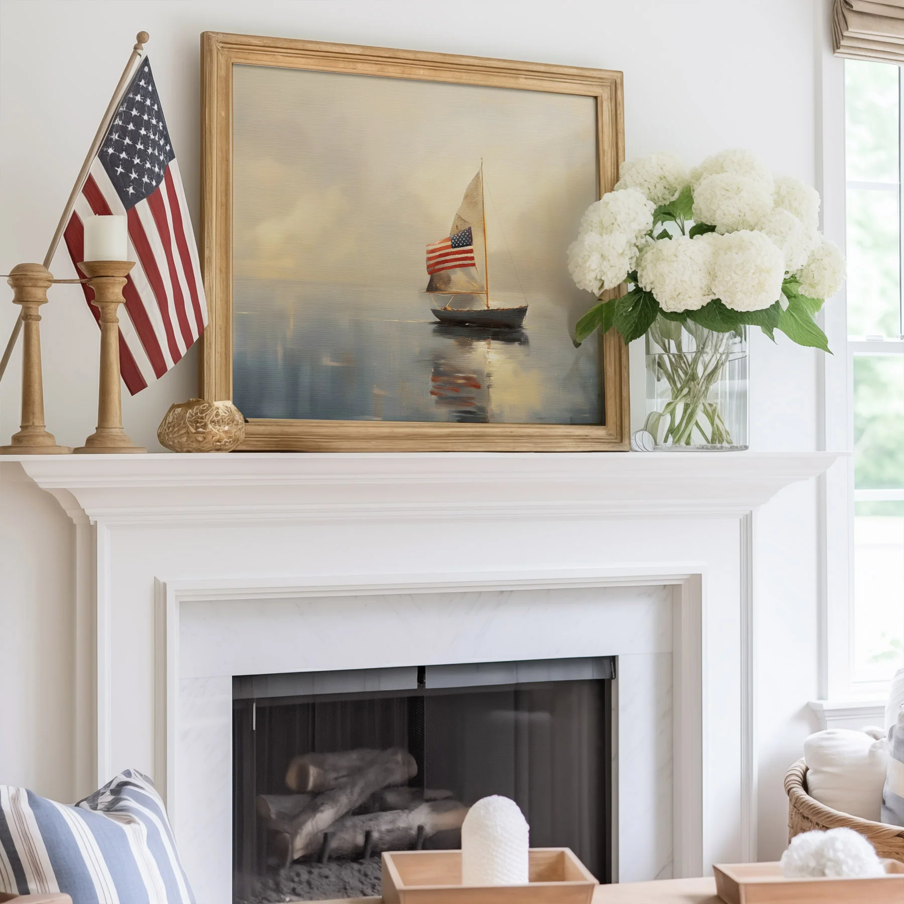 Sloop Sailboat With American Flag Art Print - Image 2