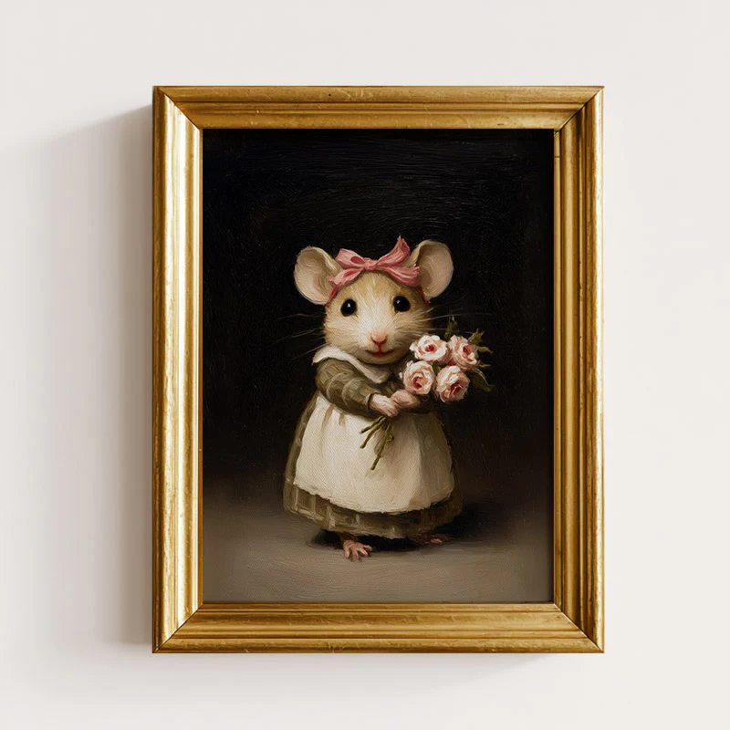 Storybook Mouse Holding Roses Art Print