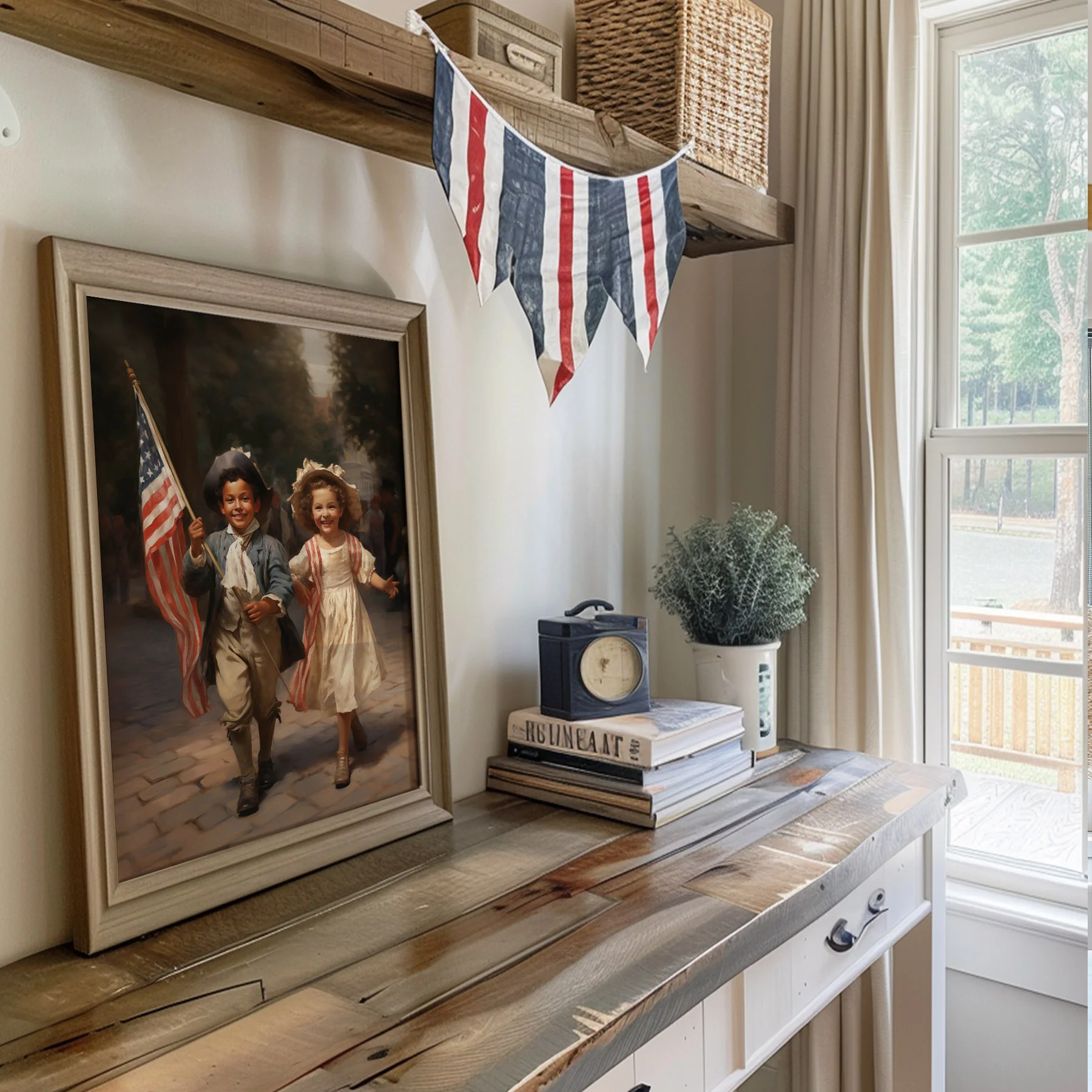 Two Children With American Flag Art Print - Image 3