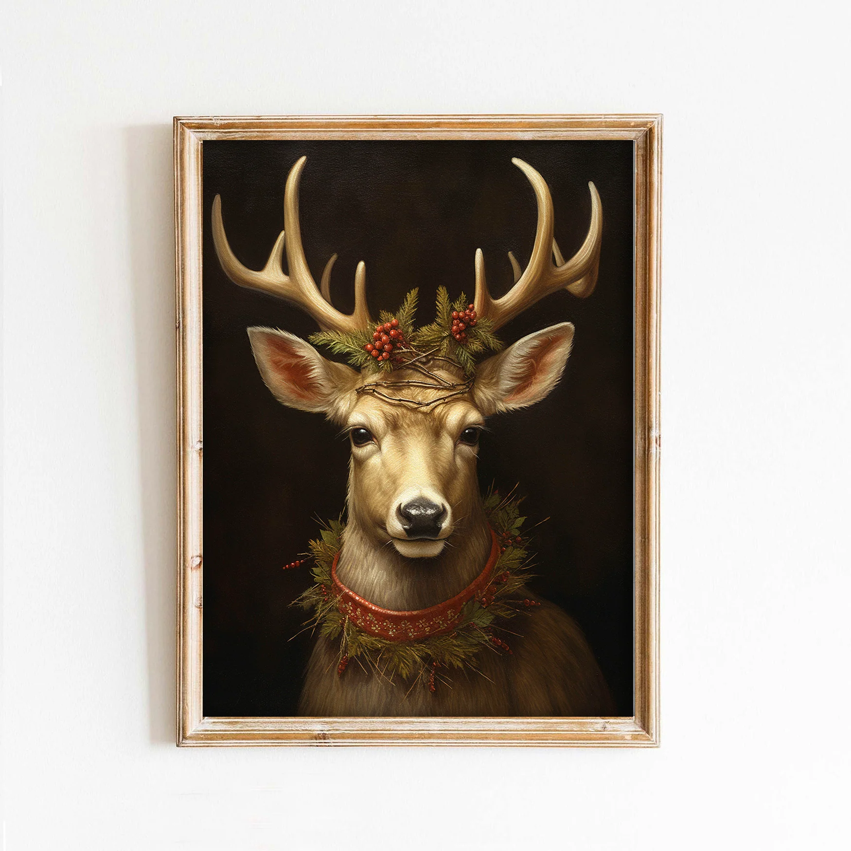 Victorian Christmas Reindeer Portrait on Black Holiday Art Print