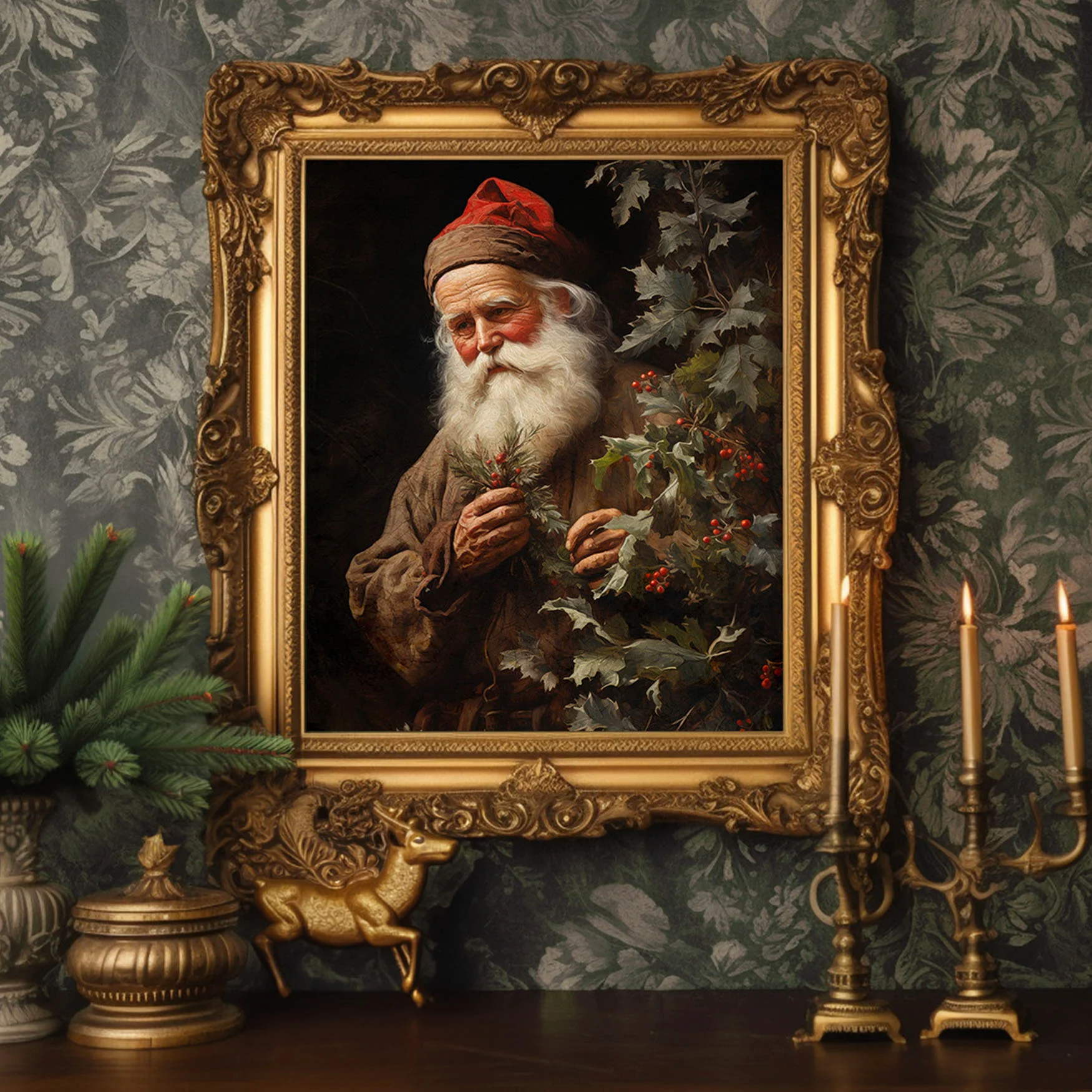 Victorian Santa with Holly Art Print - Image 2