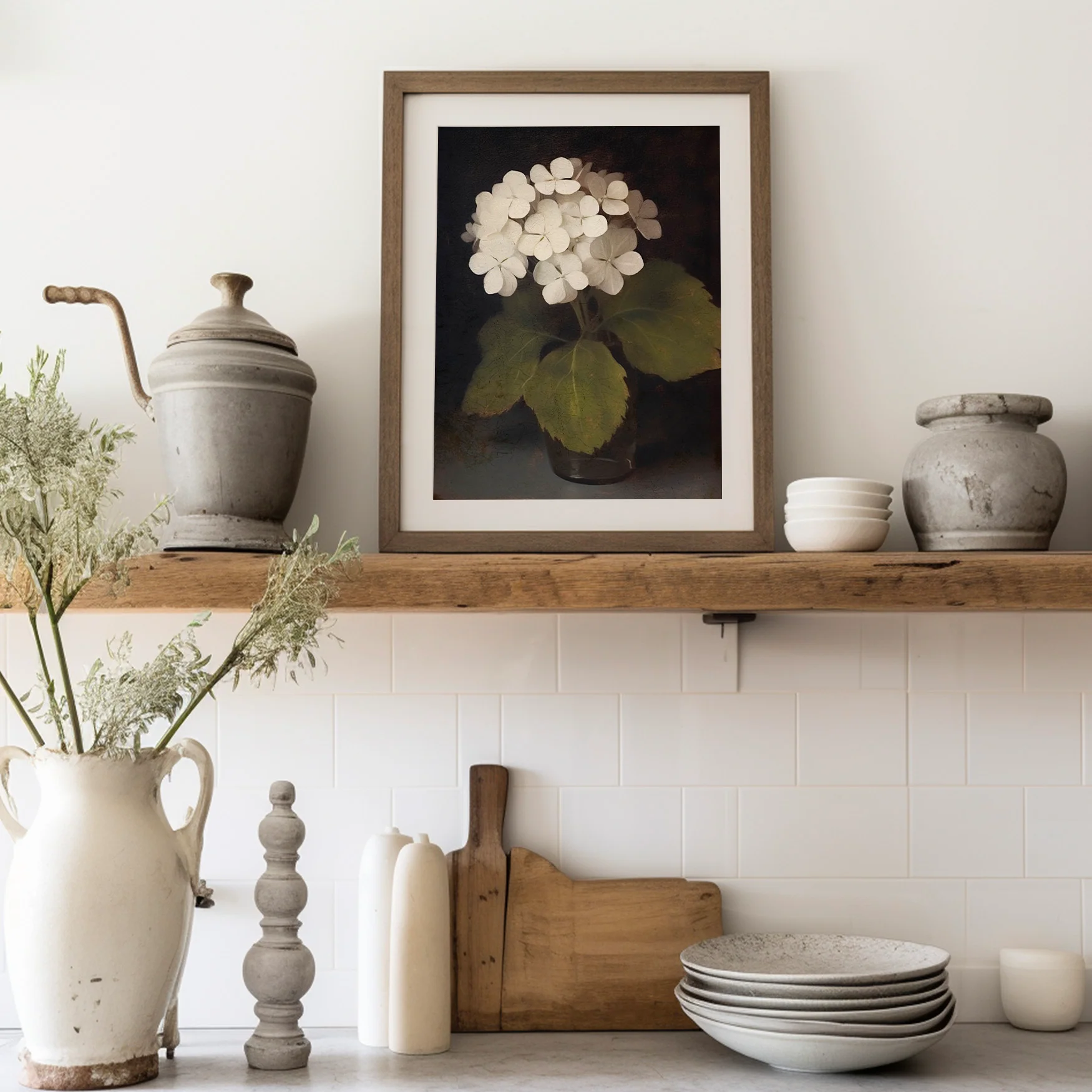 Victorian White Hydrangea on Dark Background Painting Art Print - Image 3