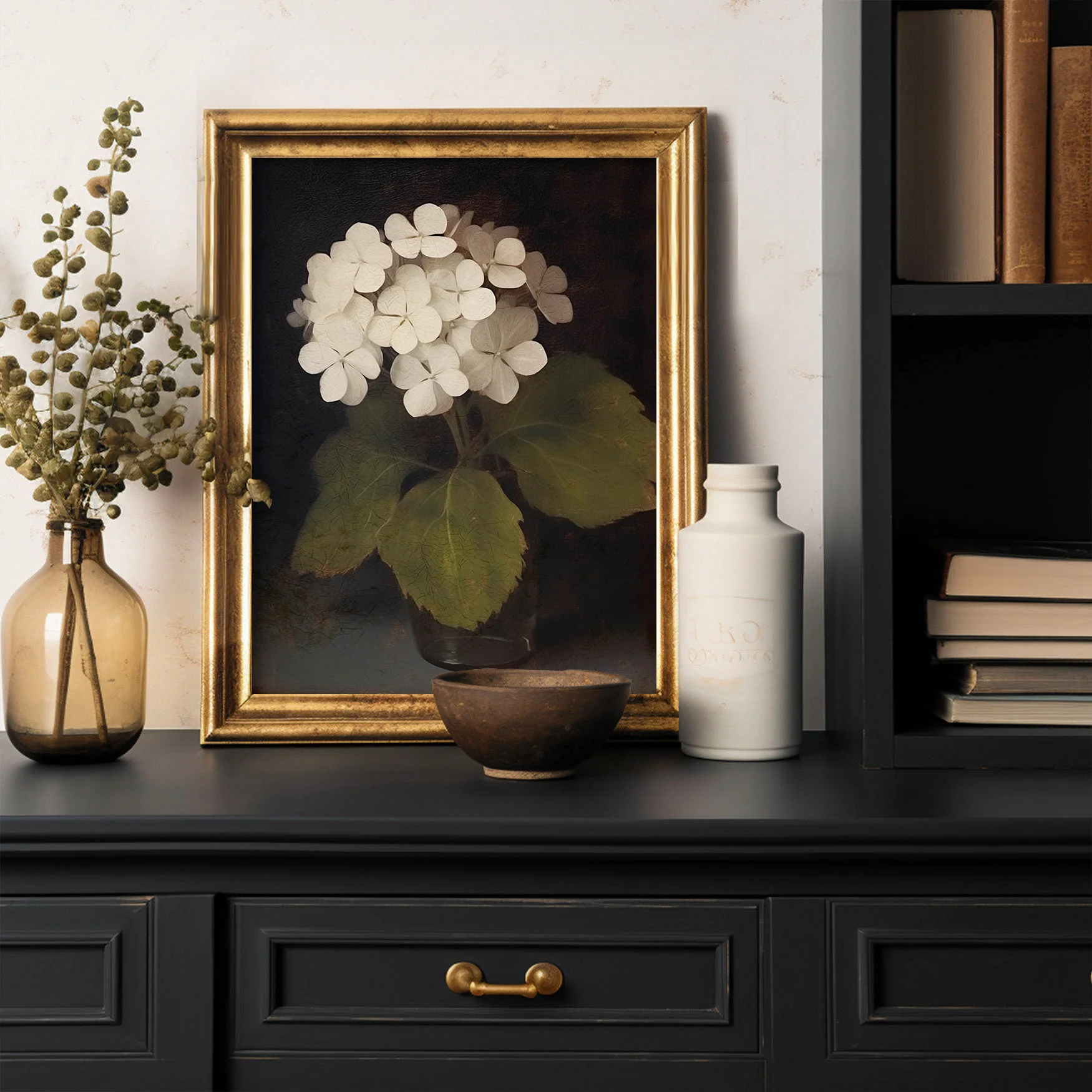 Victorian White Hydrangea on Dark Background Painting Art Print - Image 4