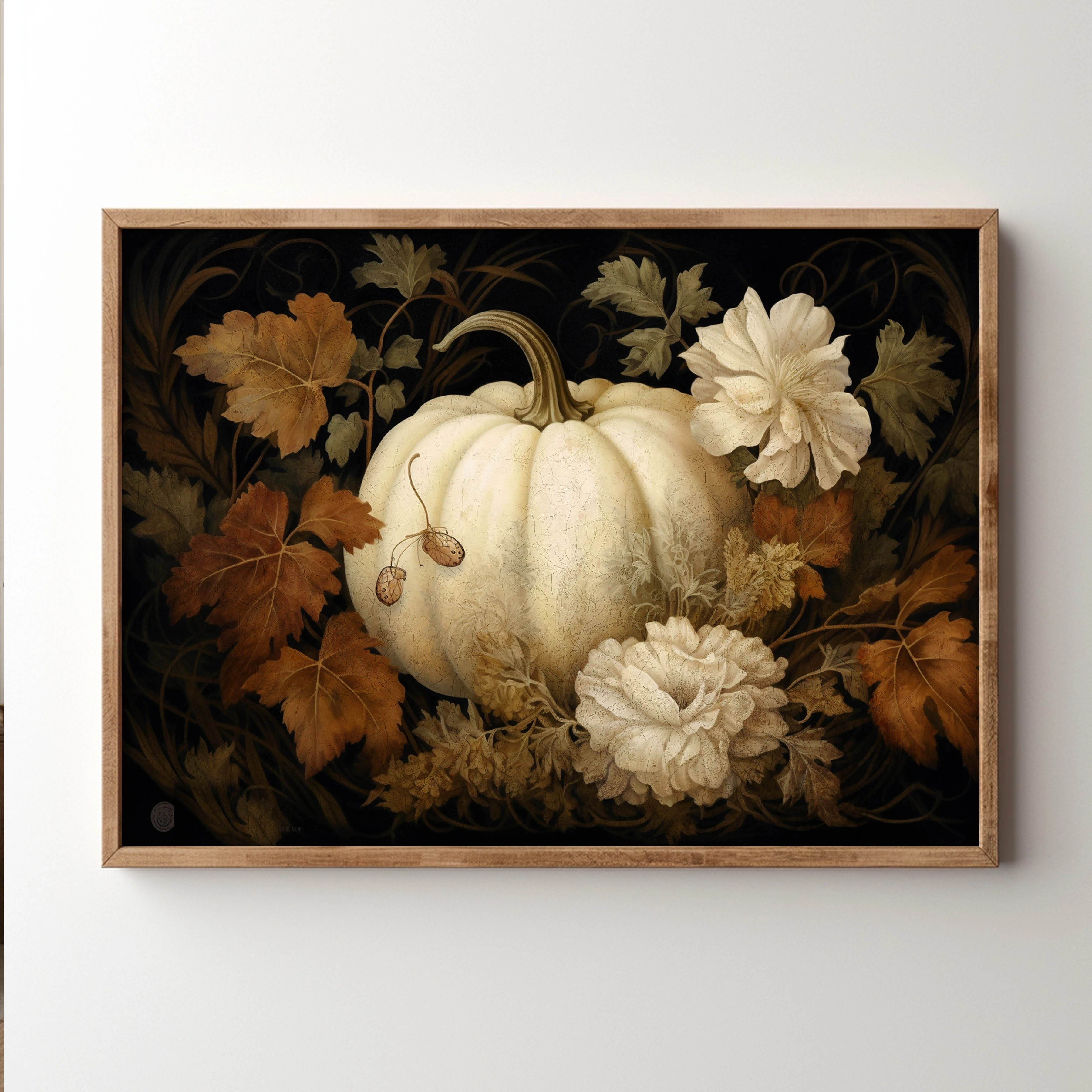 White Pumpkin and Flowers Autumn Still Life Fall Art Print