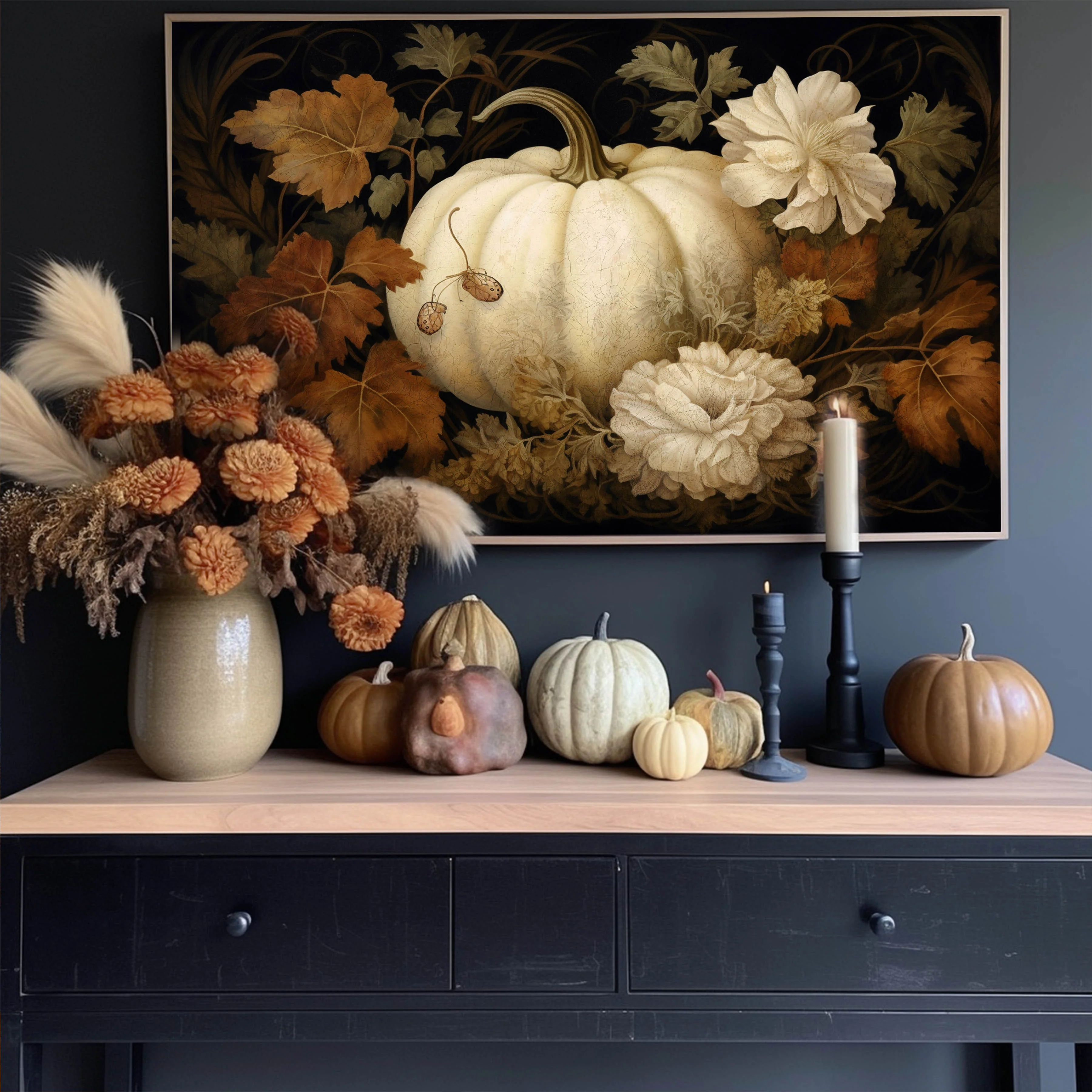 White Pumpkin and Flowers Autumn Still Life Fall Art Print - Image 2