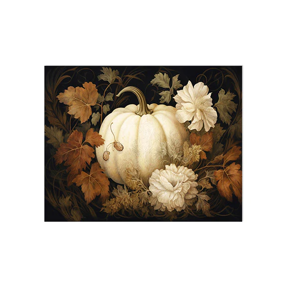 White Pumpkin and Flowers Autumn Still Life Fall Art Print - Image 3