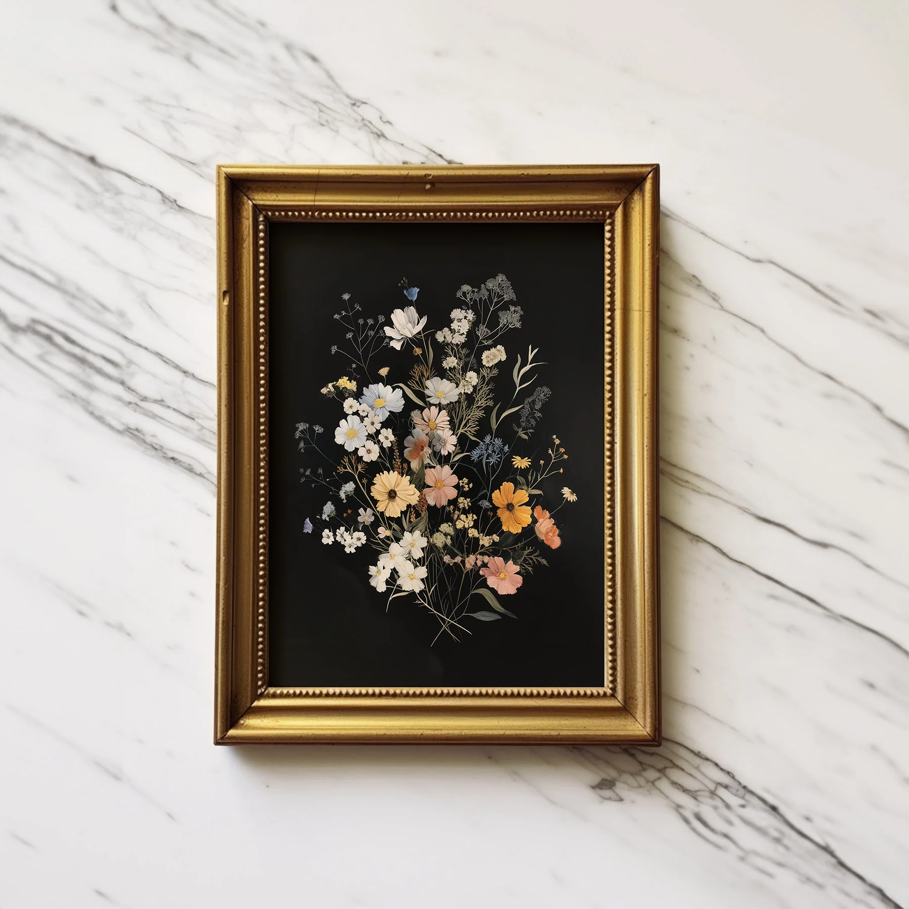 Wildflower Bouquet on Black Art Print