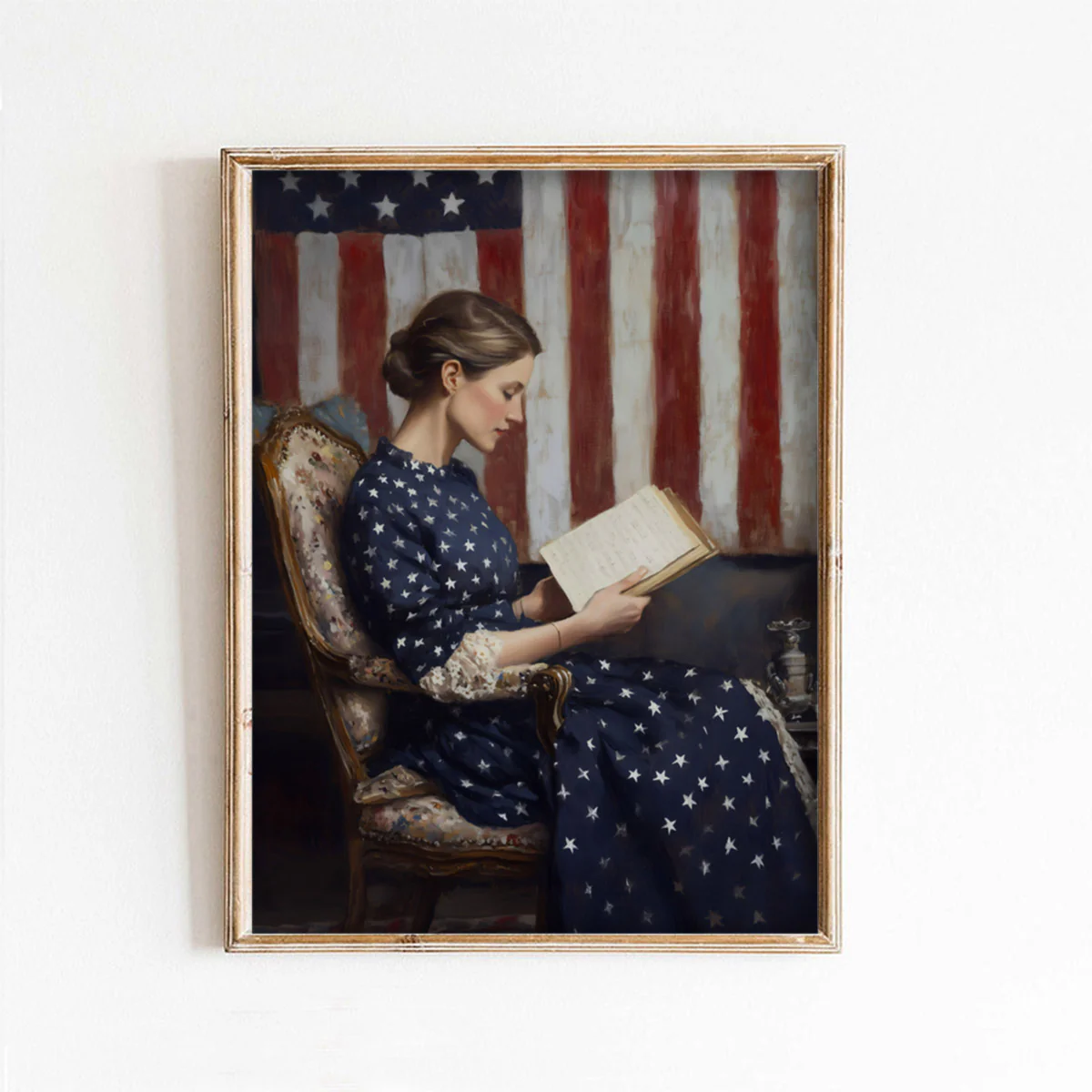 Woman Reading With American Flag Backdrop Art Print